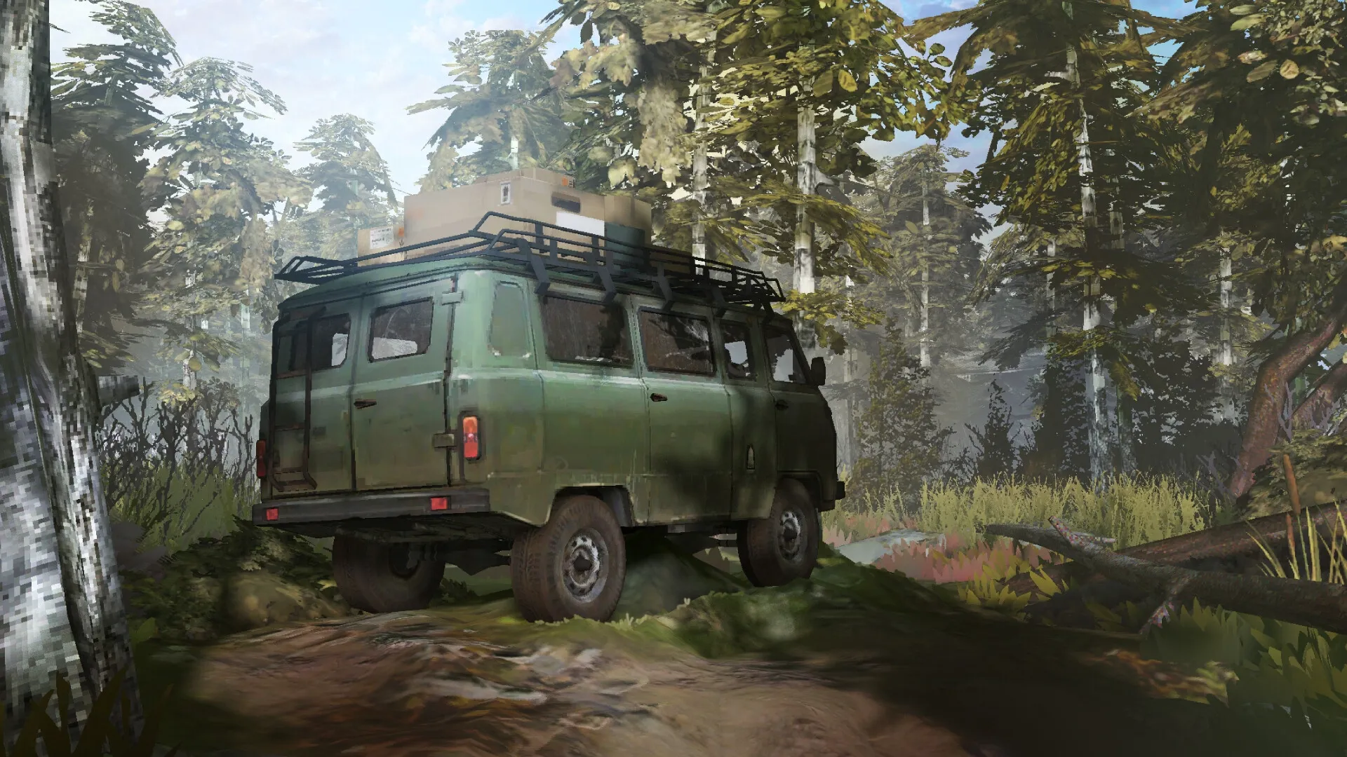 Zarya: Green van loaded with packages drives through dense forest on a dirt road in the countryside.