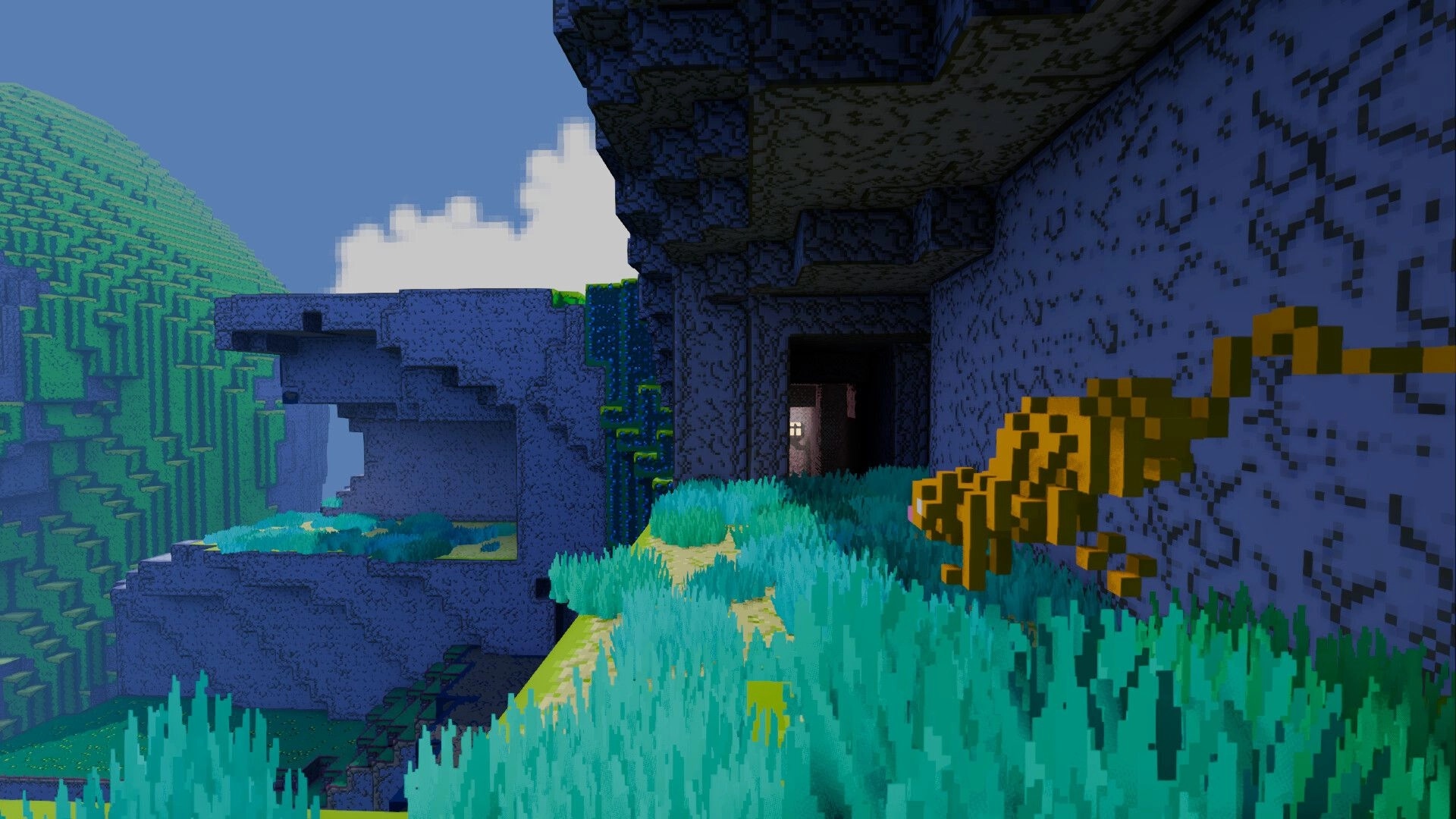 Zebulon 3D: Voxel cliff path with tall grass and a cave doorway beside a yellow vine plant, sky valley view.