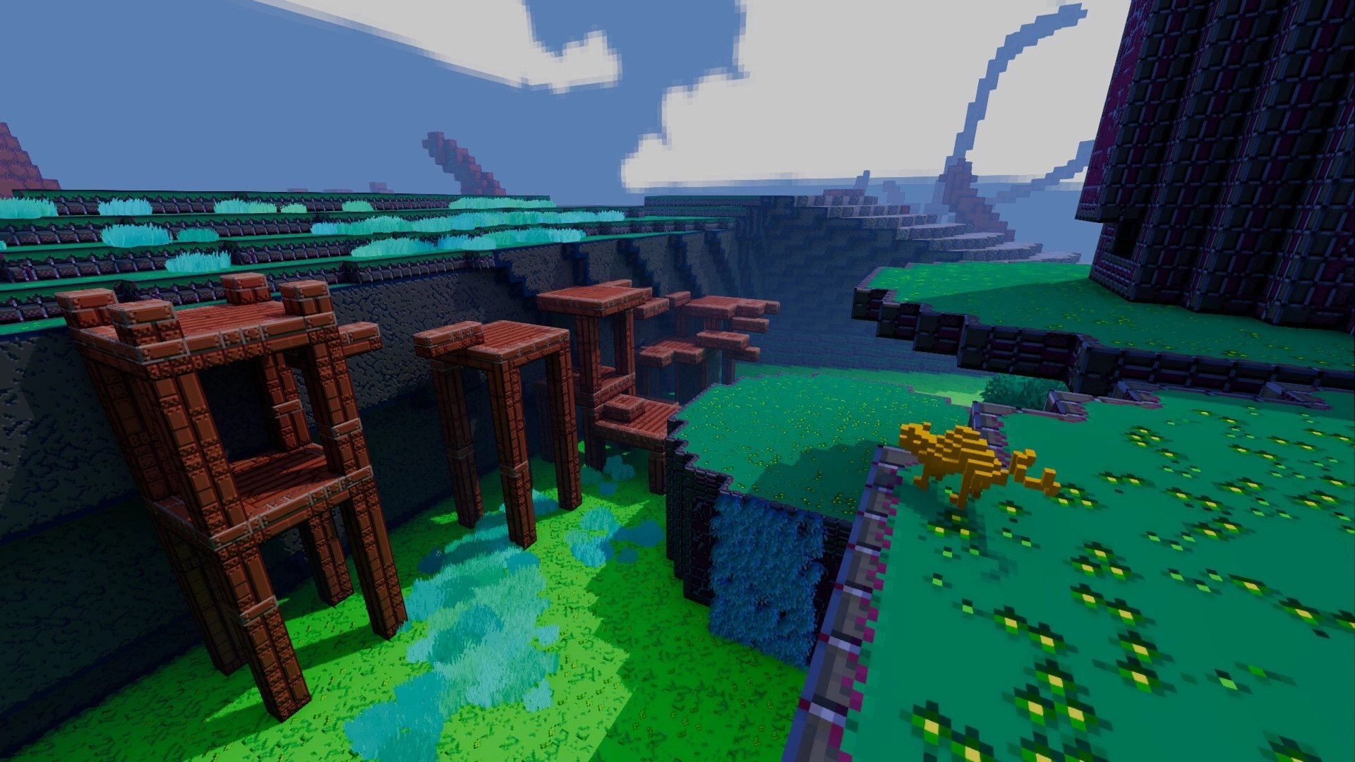 Zebulon 3D: Voxel canyon platforms with wooden scaffolds and grassy ledges under a cloudy sky.