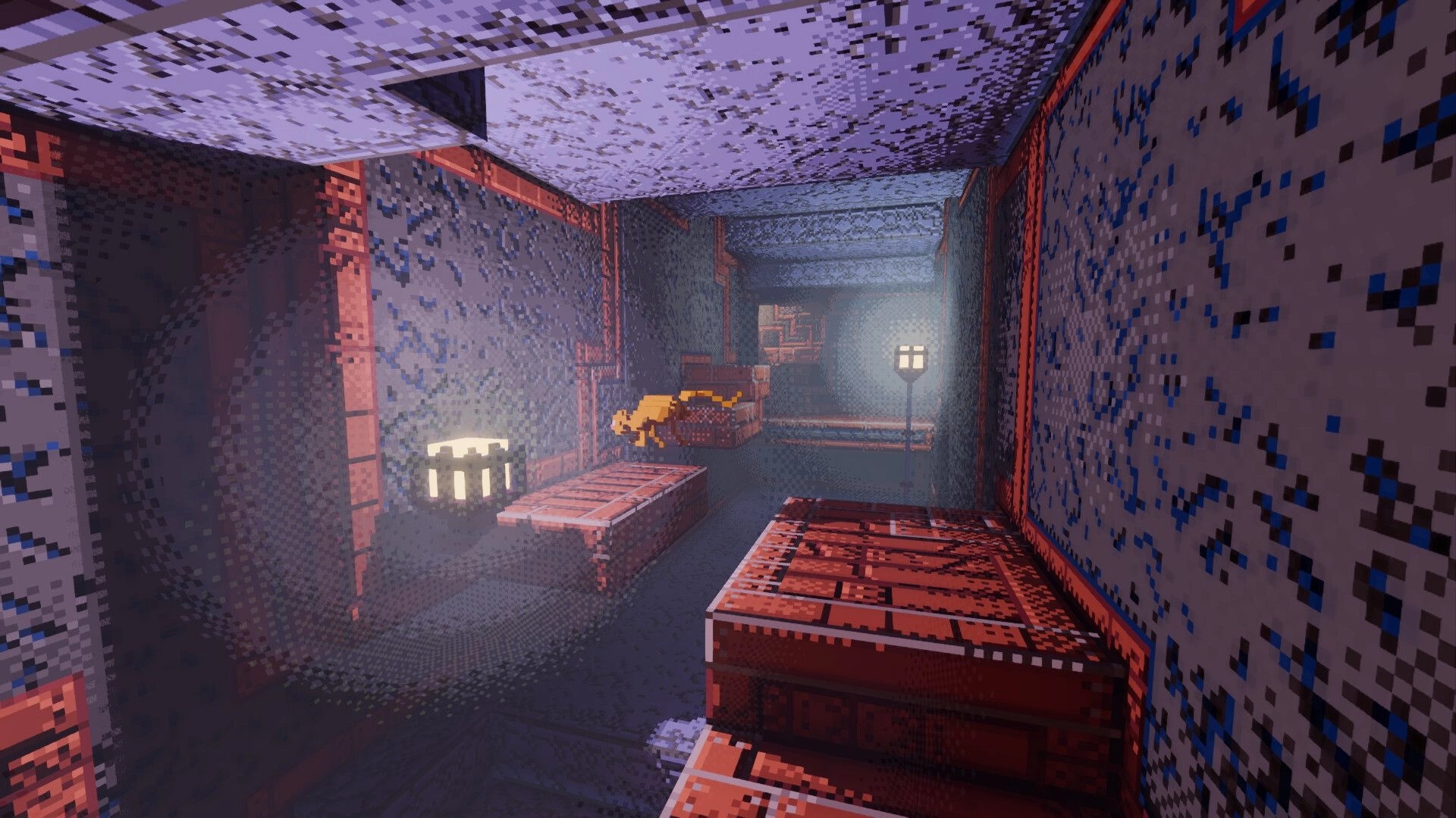 Zebulon 3D: Voxel hero leaps between red platforms in a dim sewer corridor lit by wall lamps.