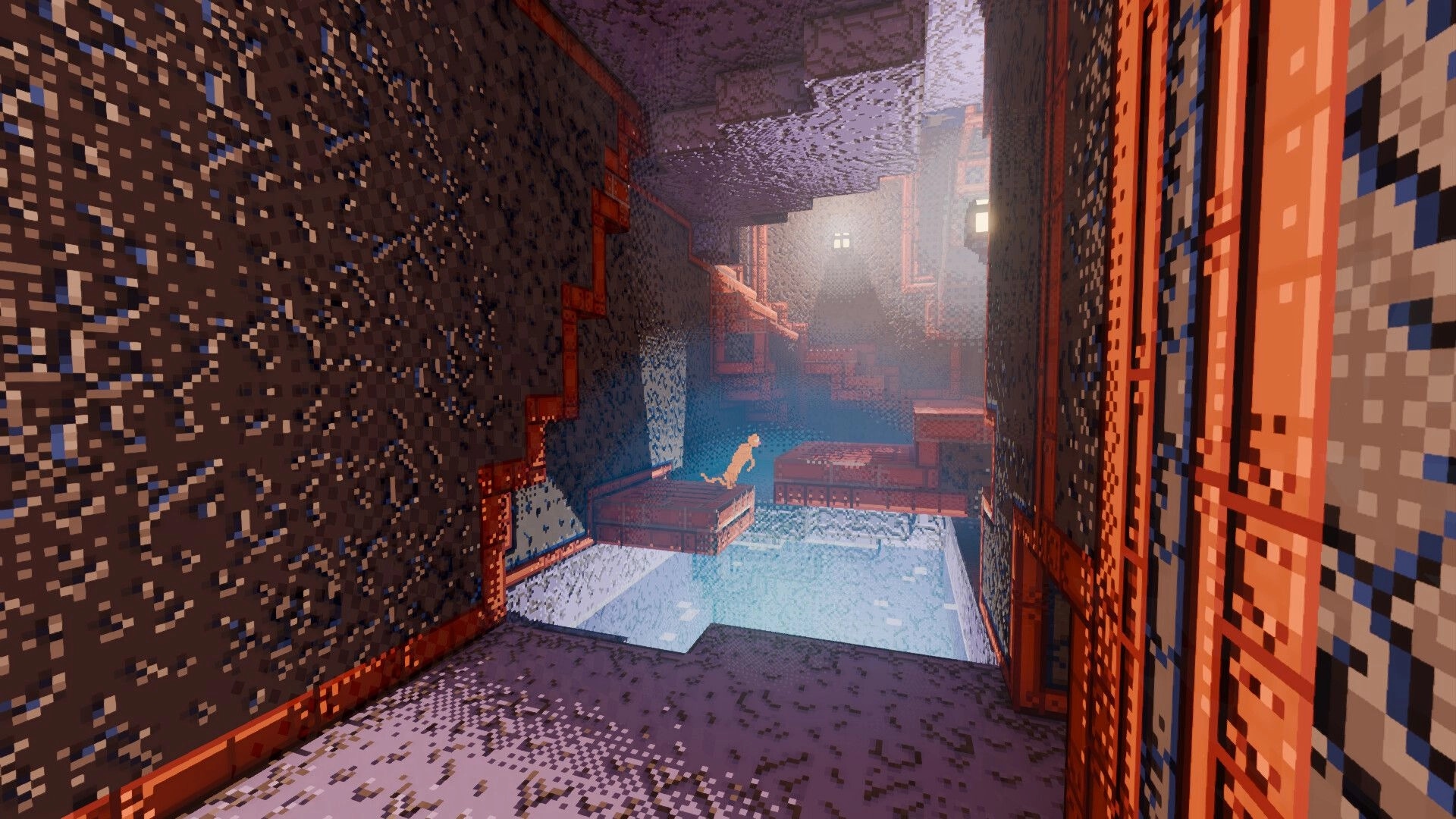 Zebulon 3D: Small voxel character leaps across ledges above water in a narrow canyon corridor.