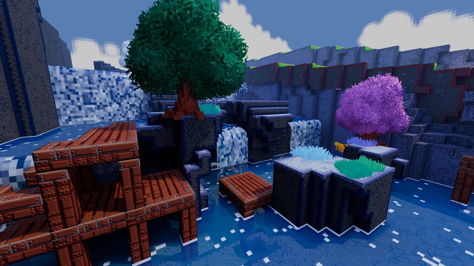 Zebulon 3D: Voxel platforming area with waterfalls and wooden platforms in a rocky canyon pool.