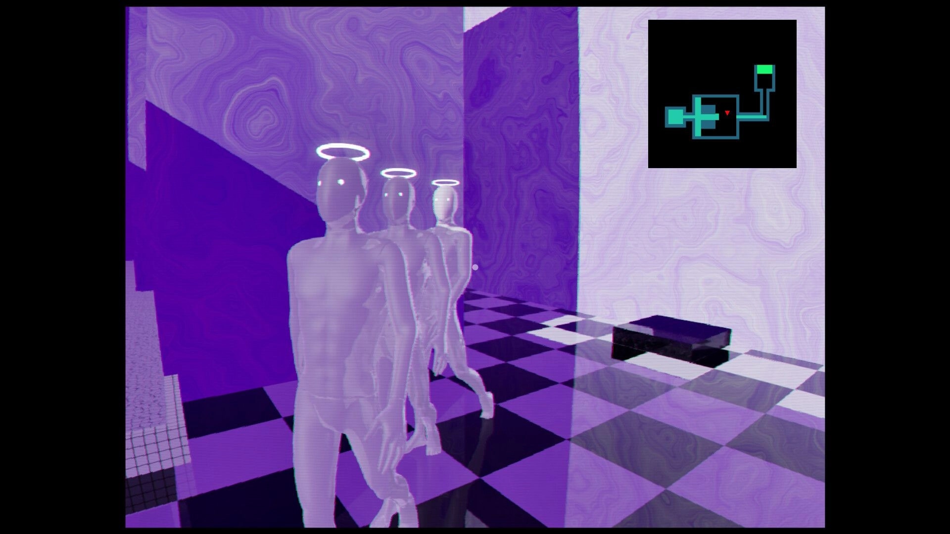 ZENOMATRIX: Three haloed figures stand in a purple checkered hallway with a map displayed in the corner.
