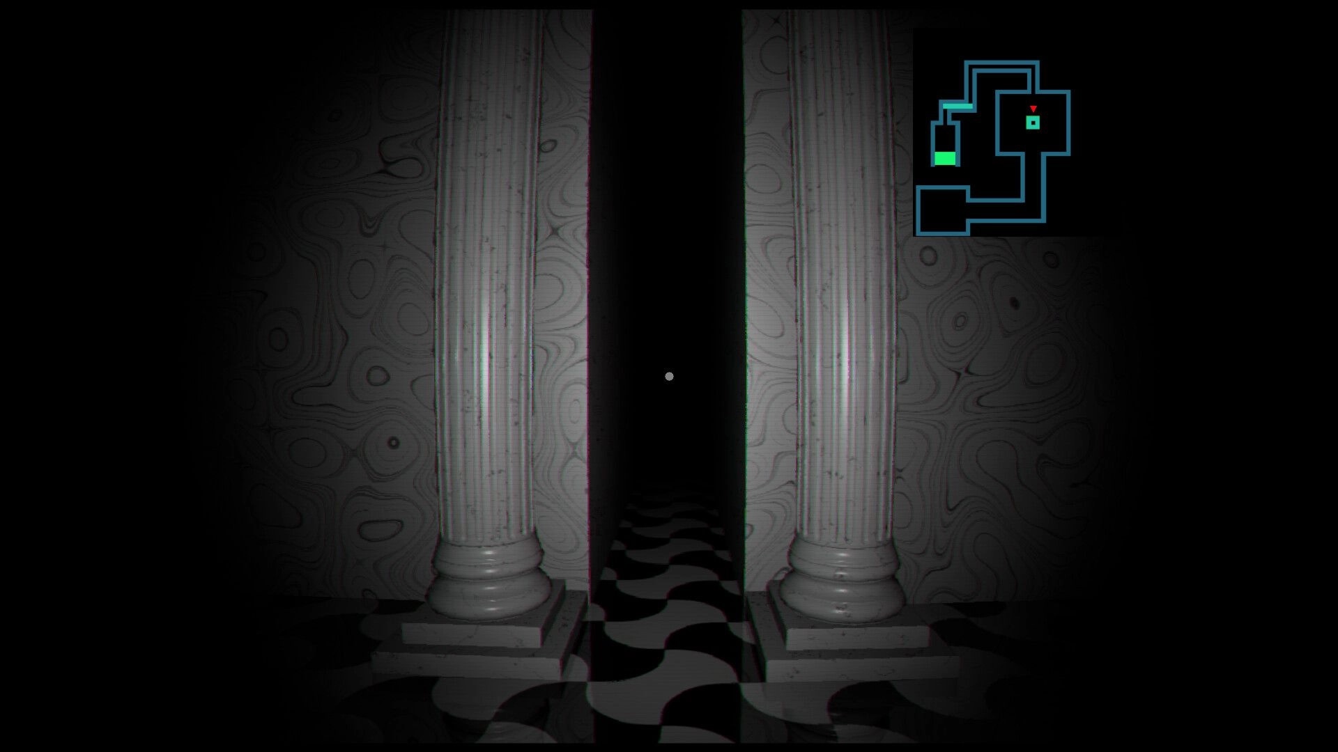 ZENOMATRIX: First-person view down a dark hallway between pillars with a mini-map in the top right corner.