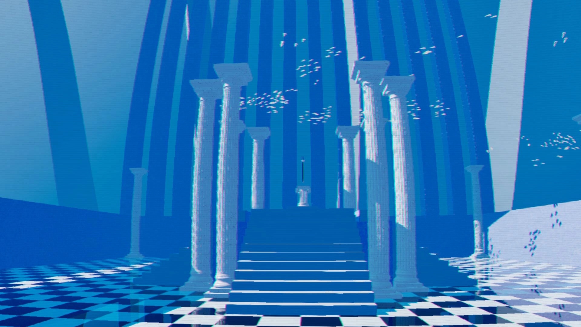 ZENOMATRIX: Ascending stairs flanked by columns in a blue-tinted, checkerboard-floored chamber
