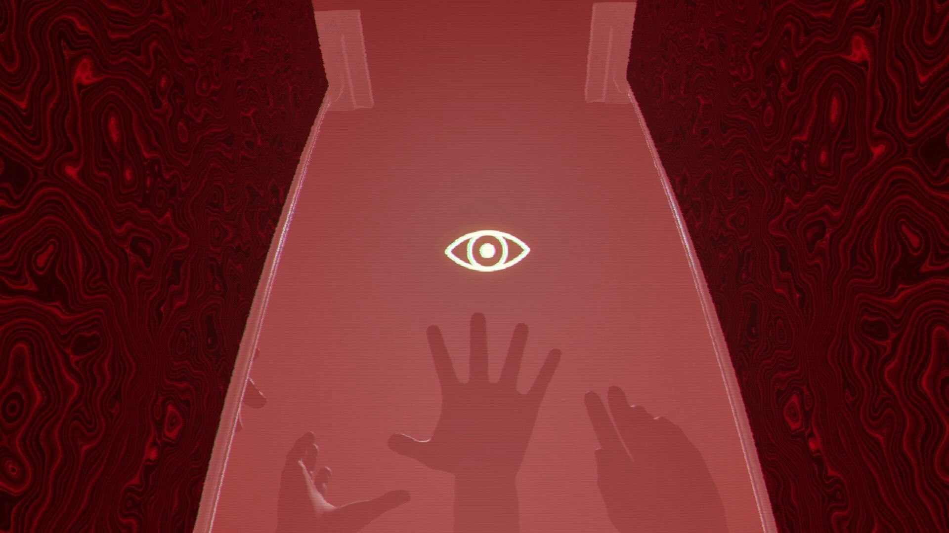 ZENOMATRIX: Shadowy hands reach toward a glowing eye symbol in a red, abstract hallway environment.