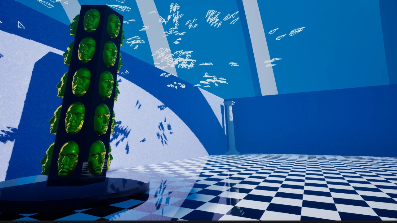 ZENOMATRIX: Green face pillar stands in a surreal blue room with checkered floor and floating shapes.
