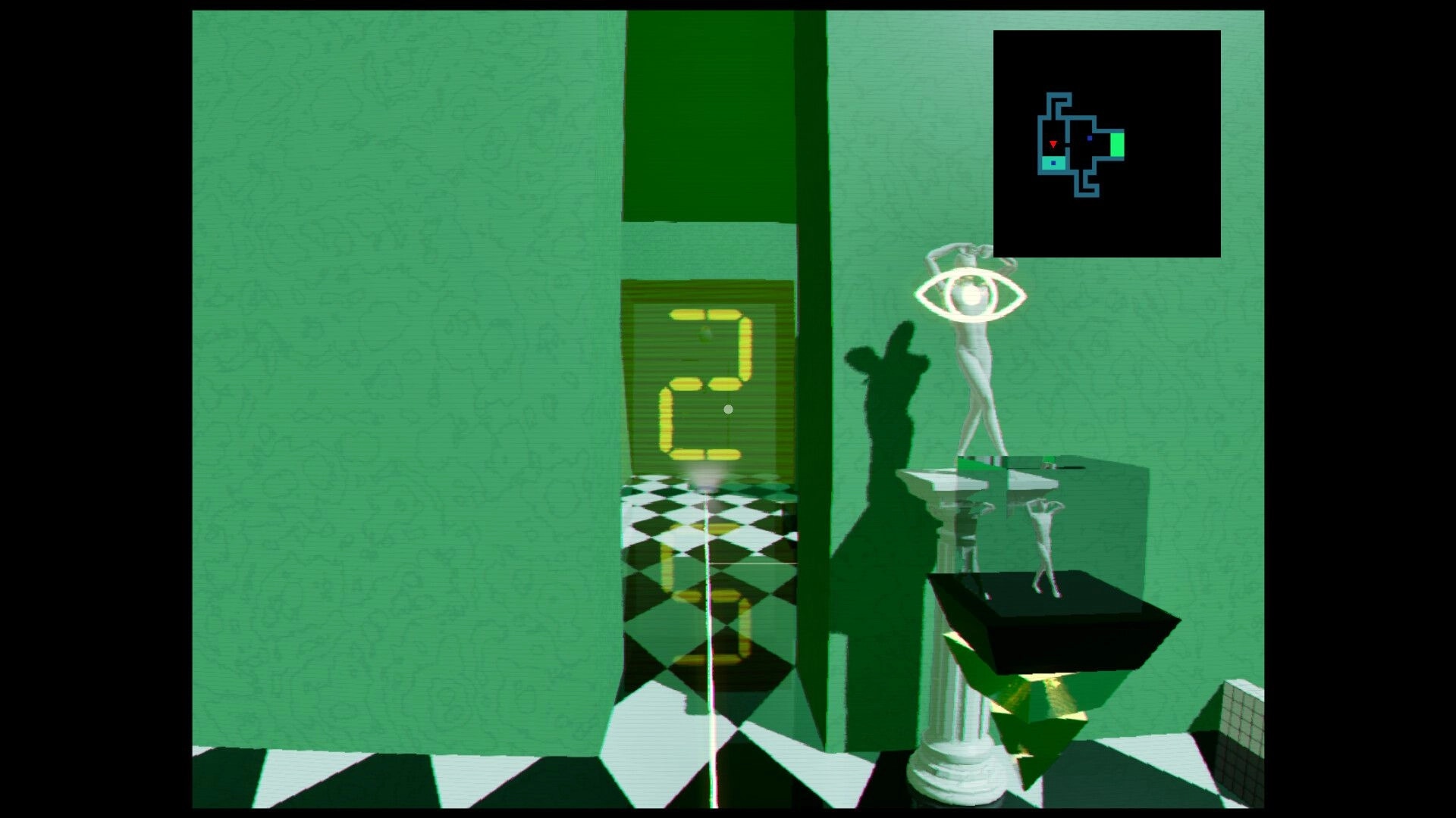 ZENOMATRIX: Eye statue in green room with checkerboard floor and glowing number two on doorway