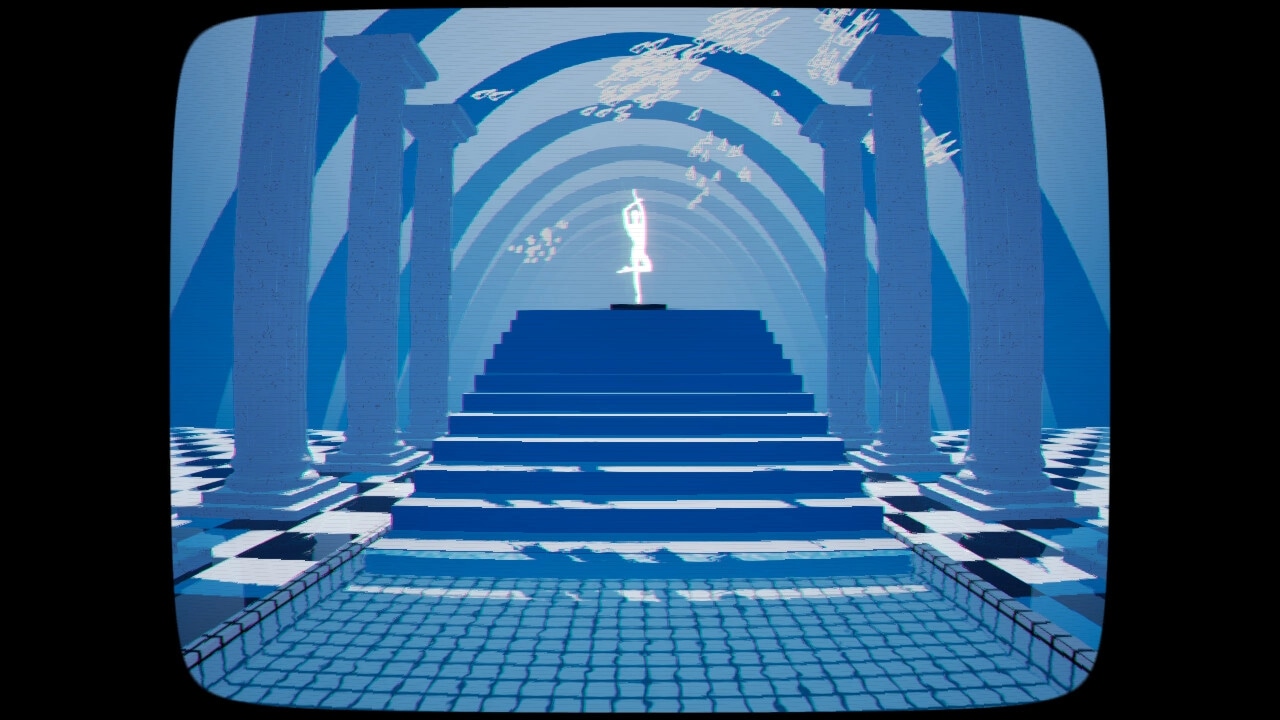 ZENOMATRIX: Ascend stairs to glowing statue in surreal, columned hall with checkerboard floor.
