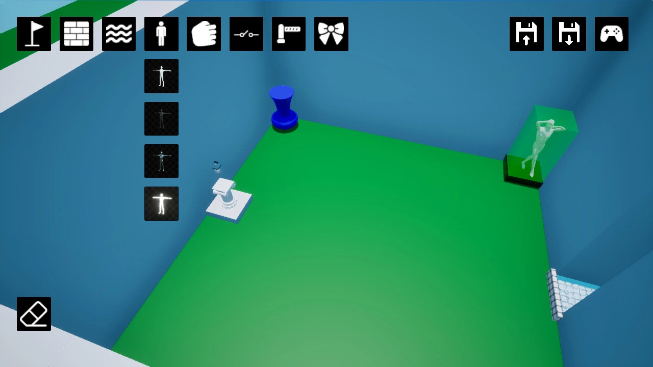 ZENOMATRIX: Puzzle interface with character statues and tool icons in a minimalist green-blue room