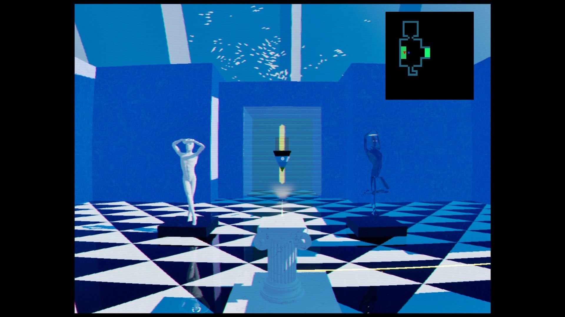 ZENOMATRIX: Two statues and glowing object on checkered floor, map in upper corner of surreal blue room