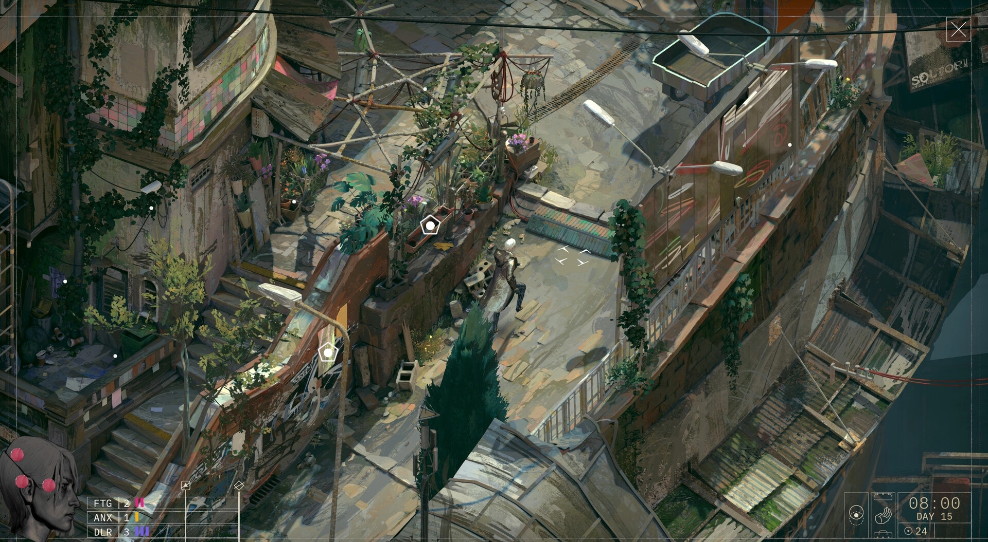 ZERO PARADES: Operative walks along rooftop walkway with interact icons in overgrown urban ruins.