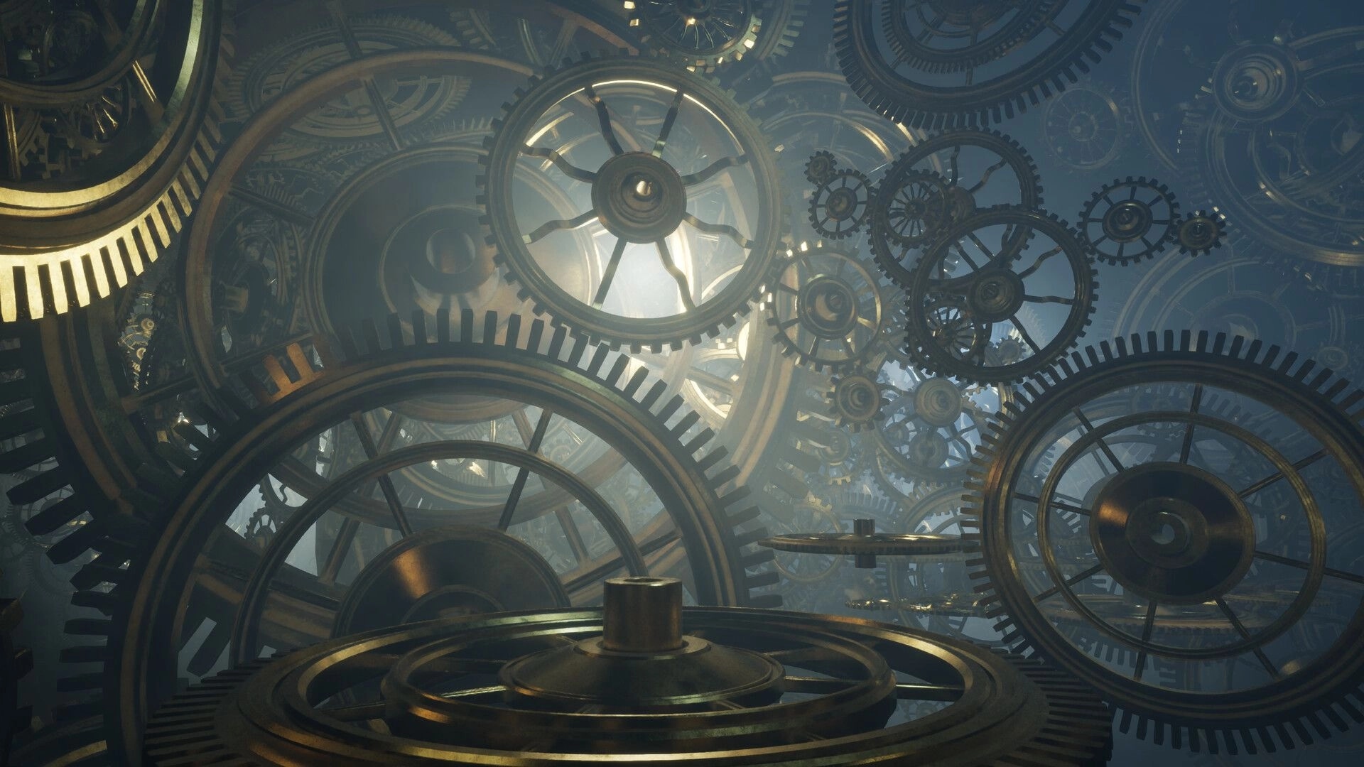 Zero Station: Dense interlocking clockwork gears and wheels in a misty, backlit mechanical chamber.
