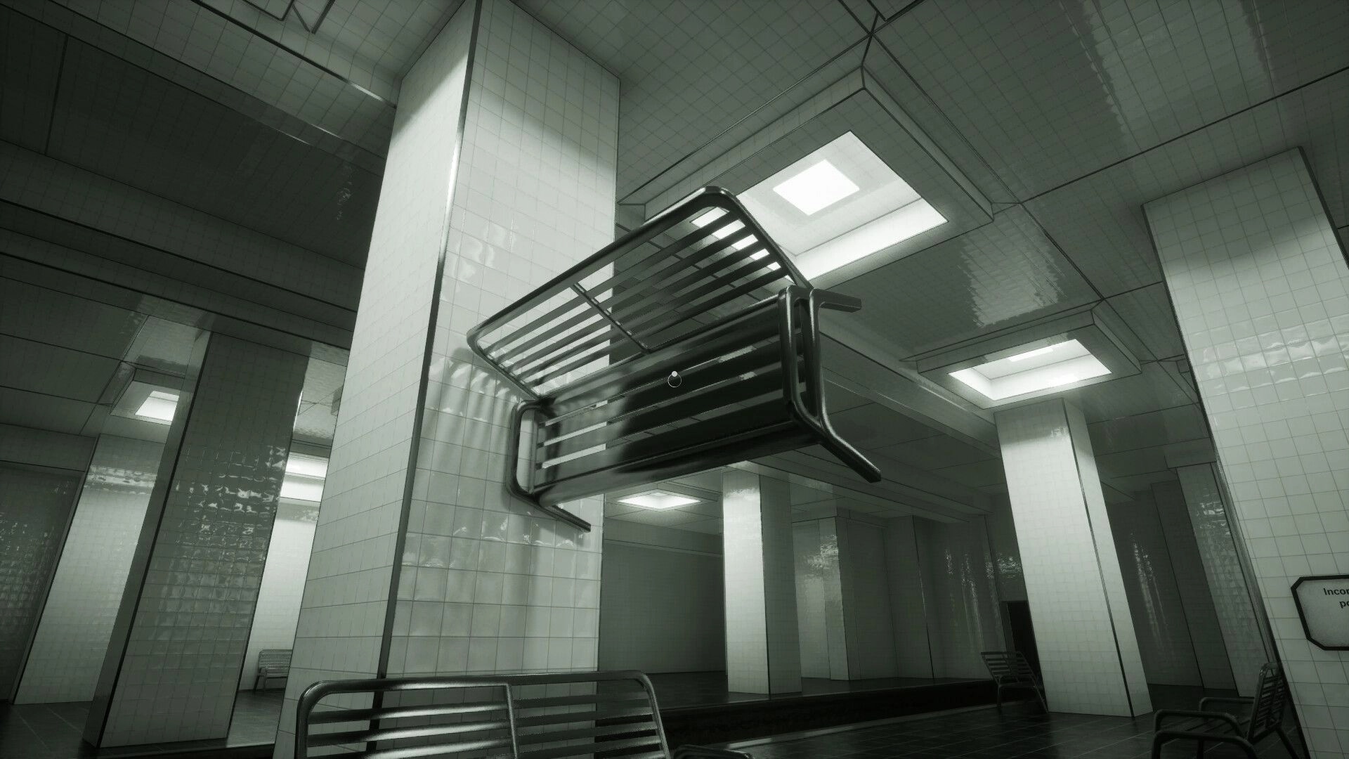 Zero Station: Floating metal bench anomaly in a tiled lobby with pillars and fluorescent ceiling lights.
