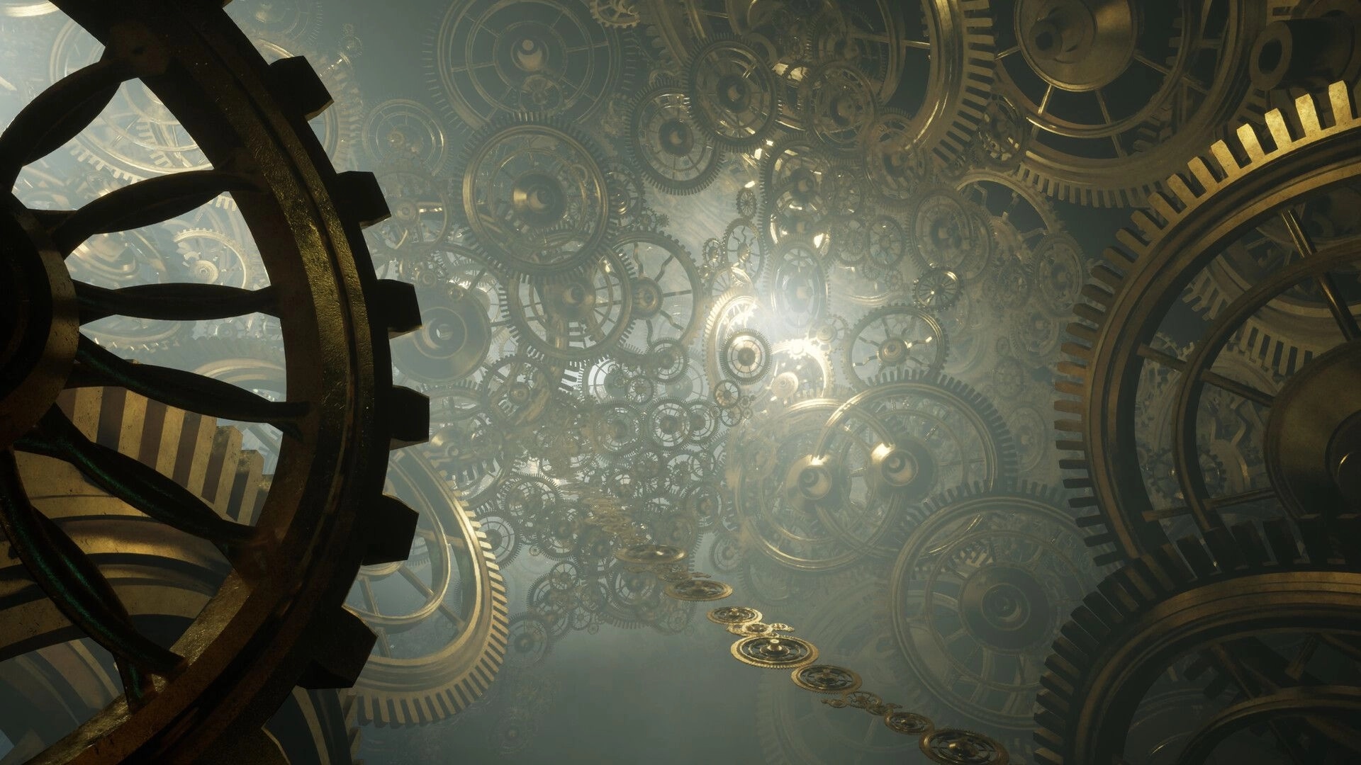 Zero Station: Floating clockwork gears and cogs in a misty, glowing mechanical void with no UI.