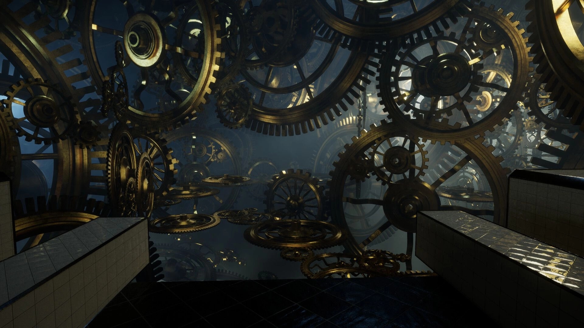 Zero Station: View over tiled platforms into a vast chamber of interlocking golden gears and cogs.