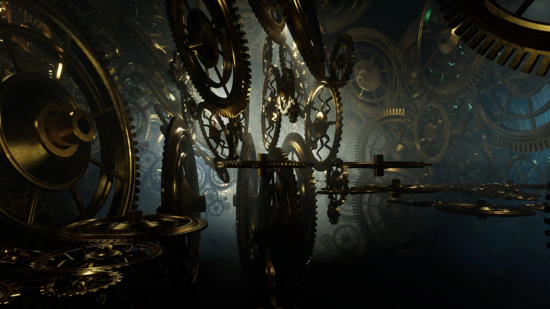 Zero Station: Interlocking clockwork gears and rotating rings in a vast, misty mechanical chamber.