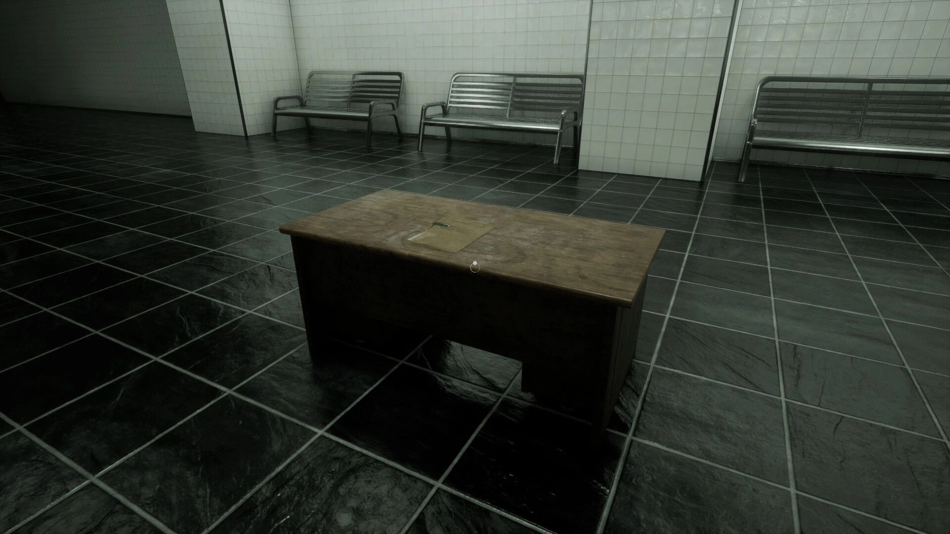 Zero Station: Crosshair aimed at a desk with a clipboard in a tiled lobby with metal benches.