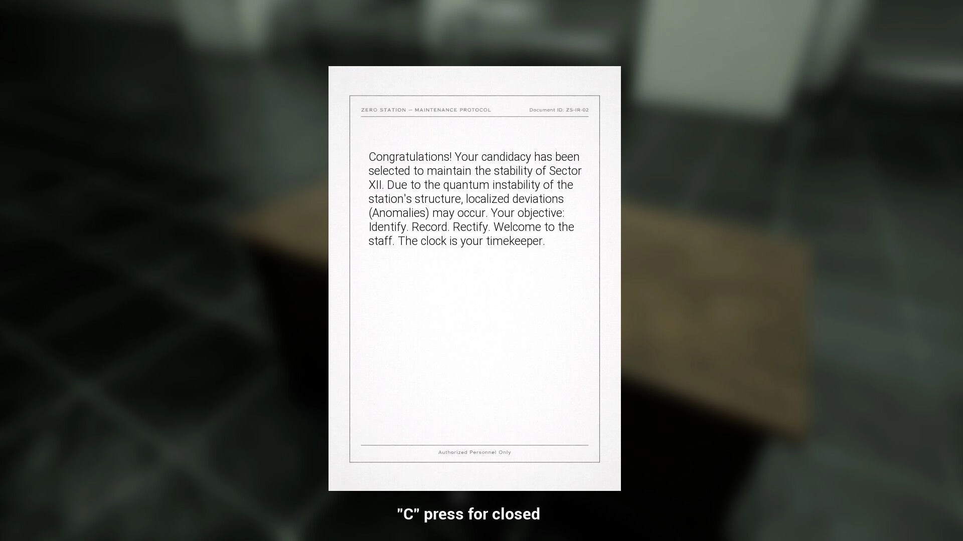 Zero Station: Maintenance protocol document popup with text overlayed on a blurred concrete room backdrop.