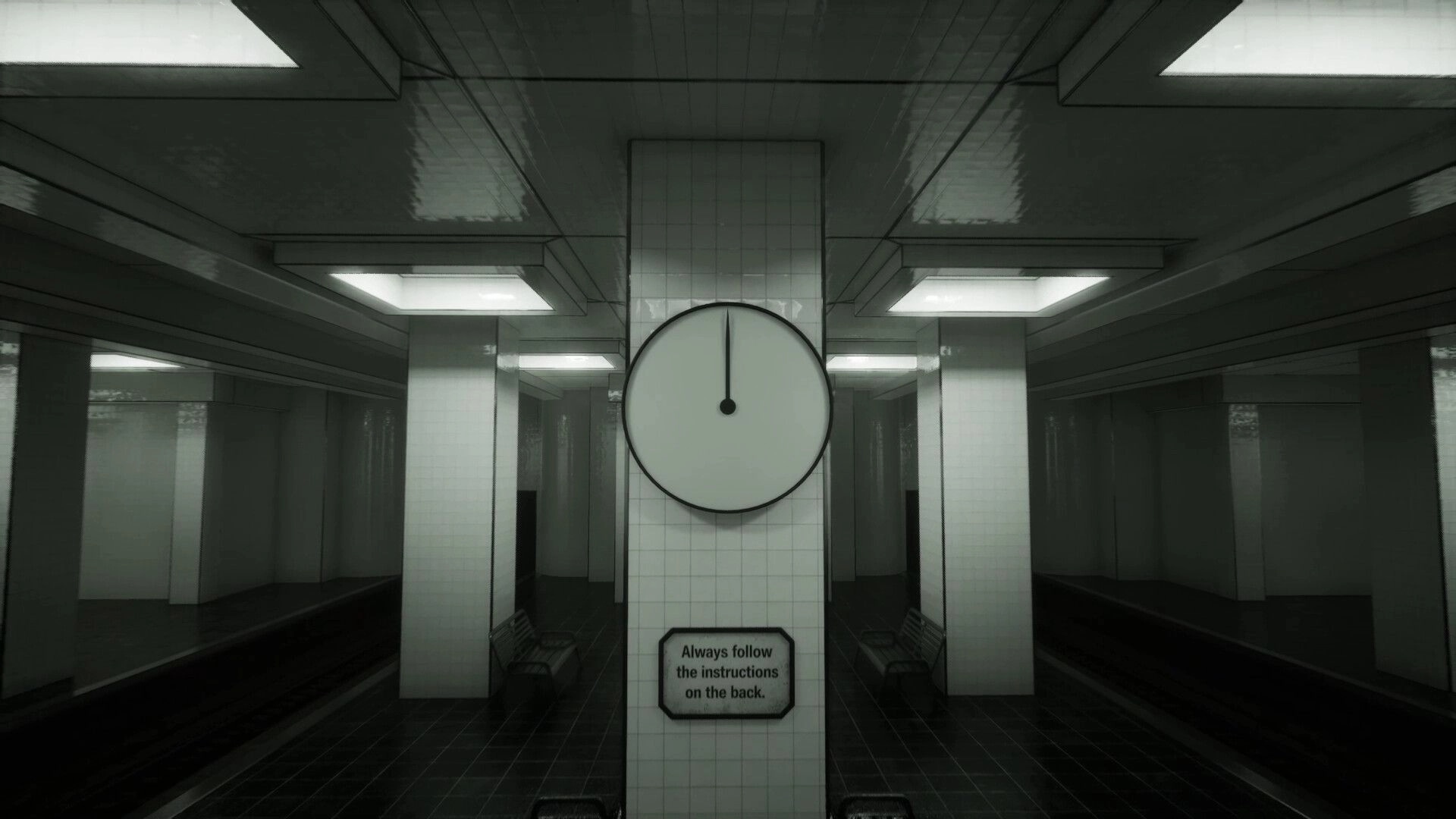 Zero Station: Noon-marked clock on tiled pillar with warning sign in a dim, empty subway platform corridor.