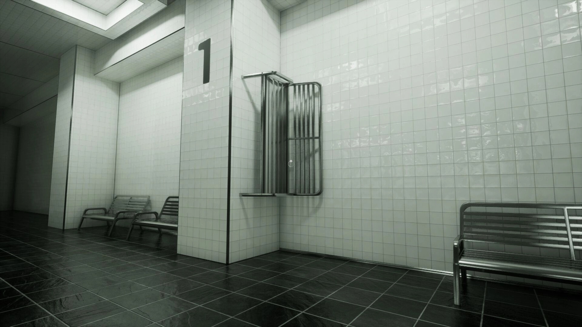 Zero Station: First-person view of tiled corridor with benches and a barred window labeled 1 in sterile hall.