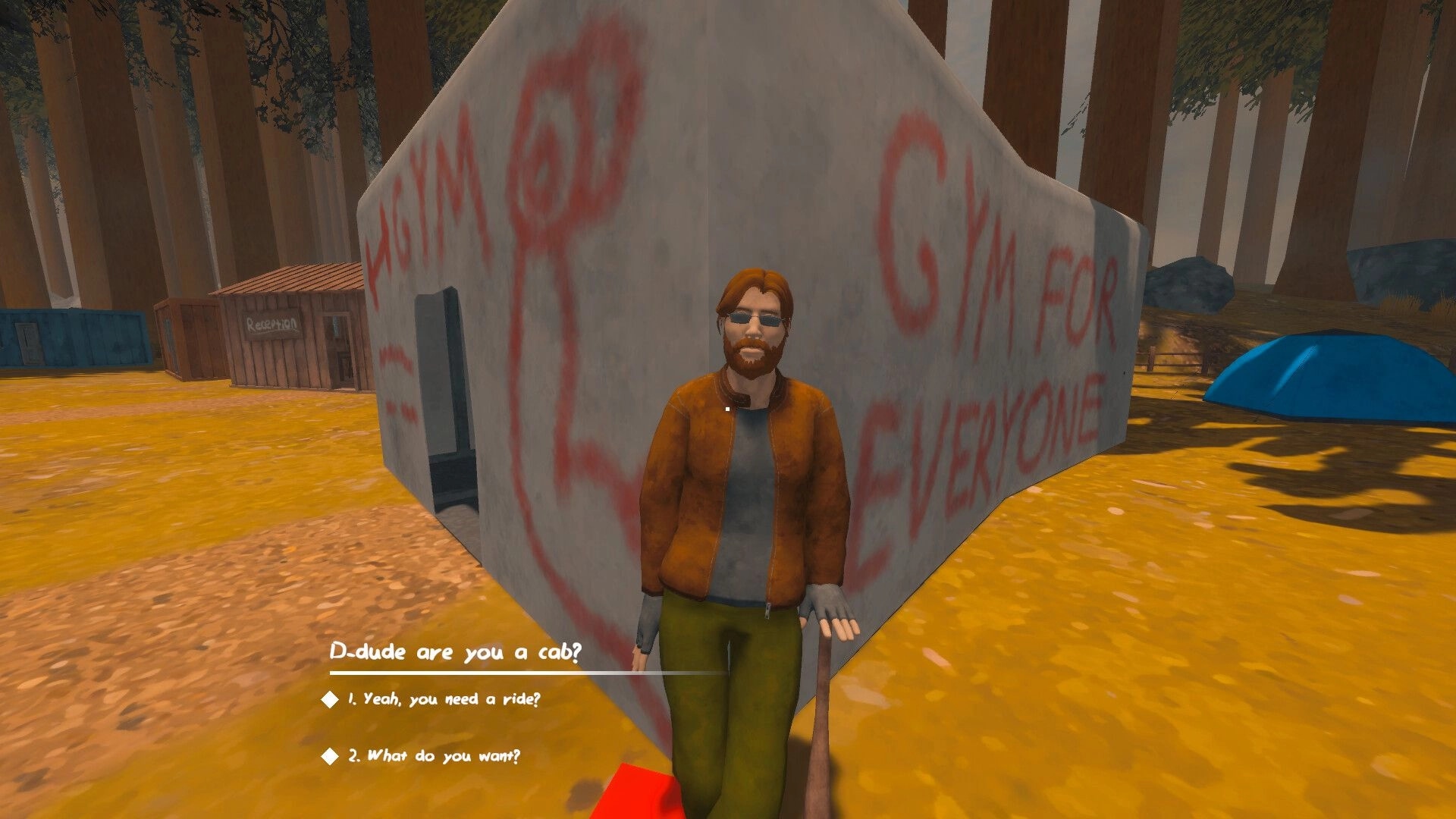Zero To South: Dialogue with bearded man by graffiti tent at camp, reception shack and trees behind.