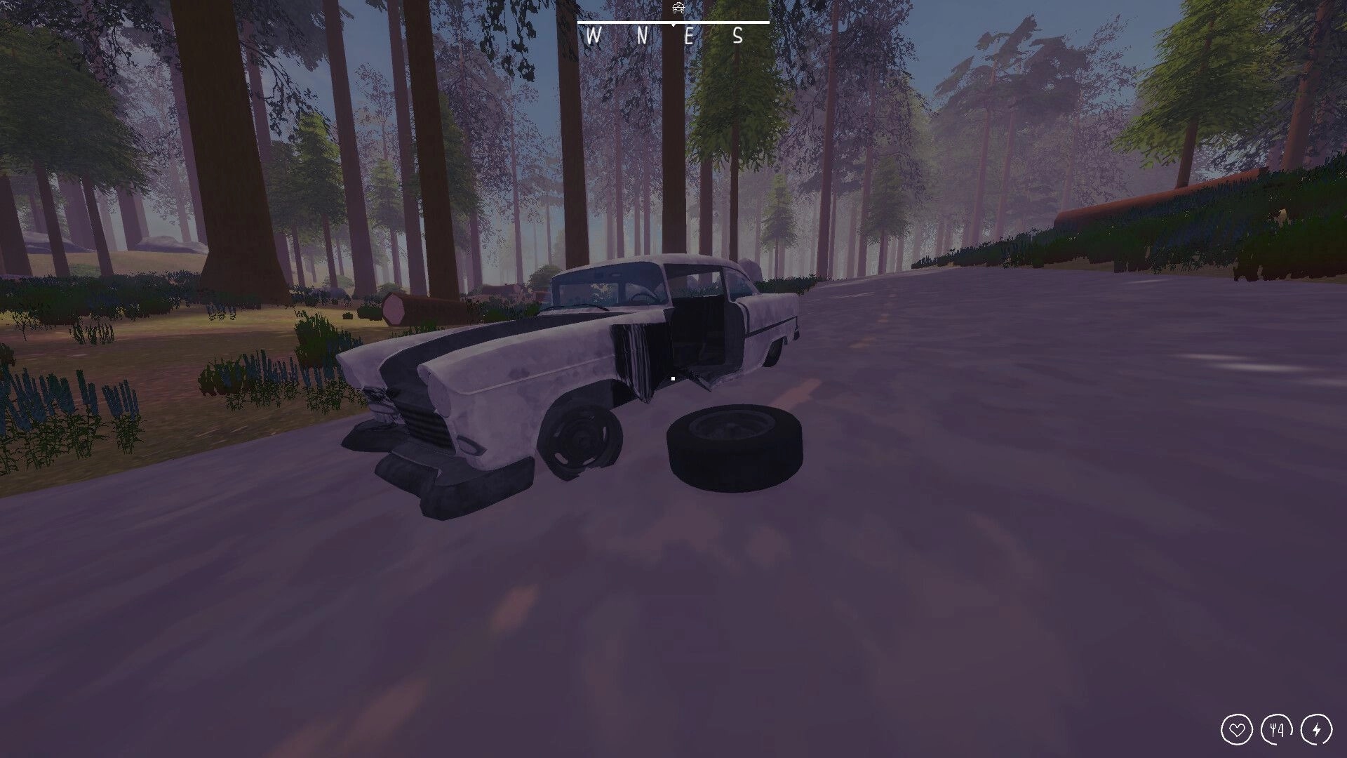 Zero To South: Damaged car missing a wheel on a forest road, compass and health icons on HUD.