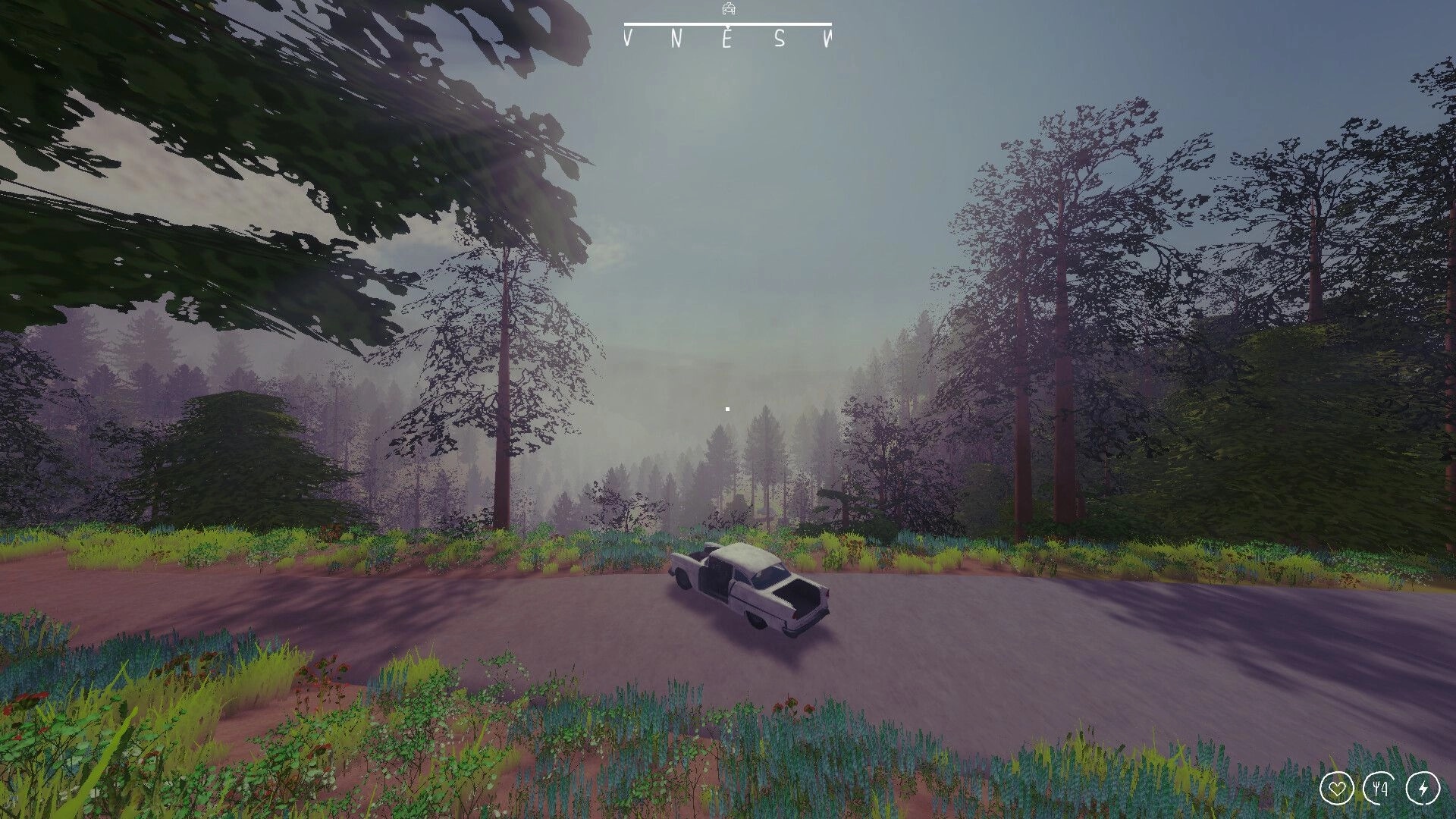 Zero To South: White sedan parked on roadside with compass HUD in a misty forest valley at dusk.