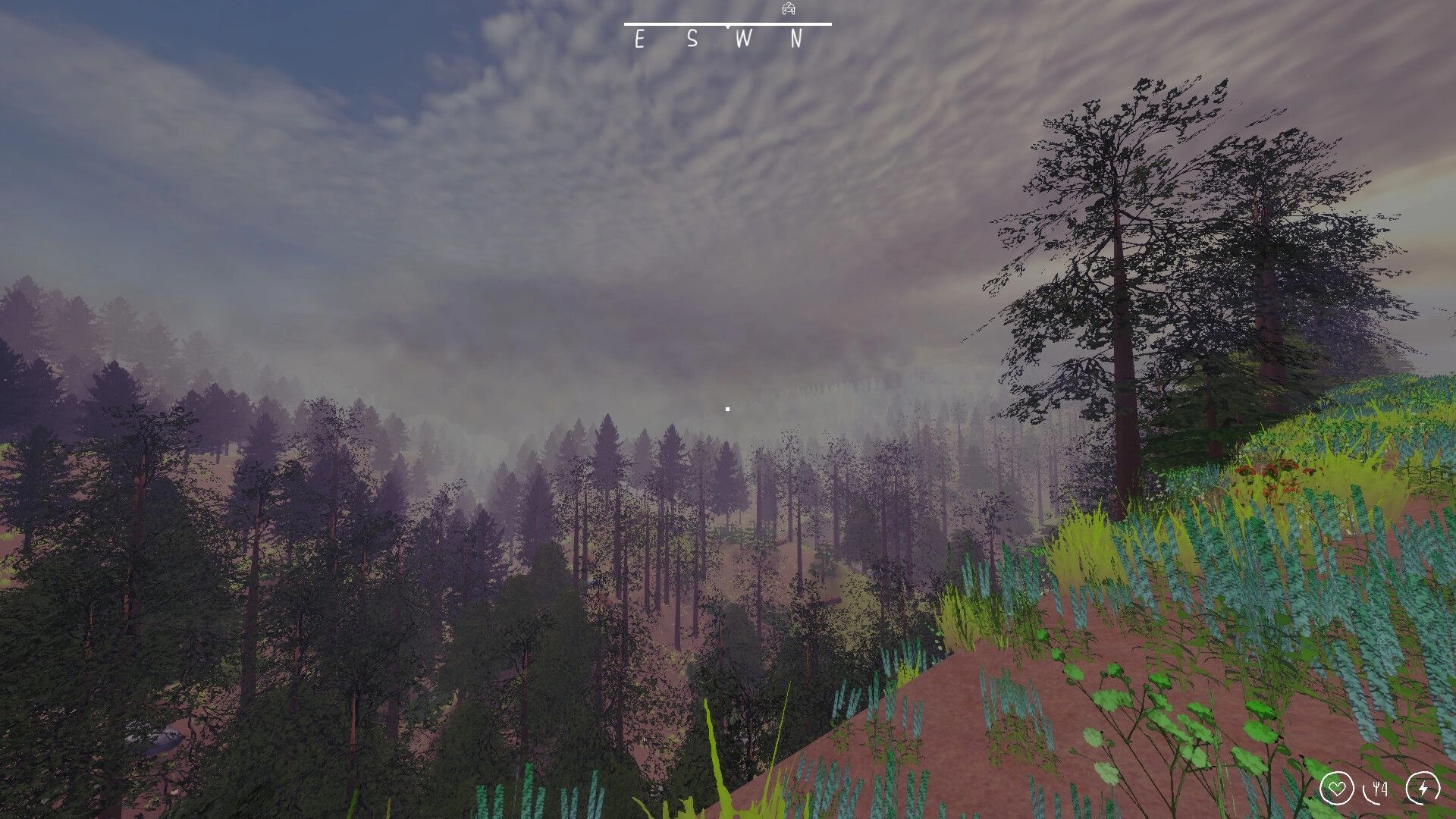 Zero To South: Foggy forest valley vista with compass HUD at top and health icons at bottom right.