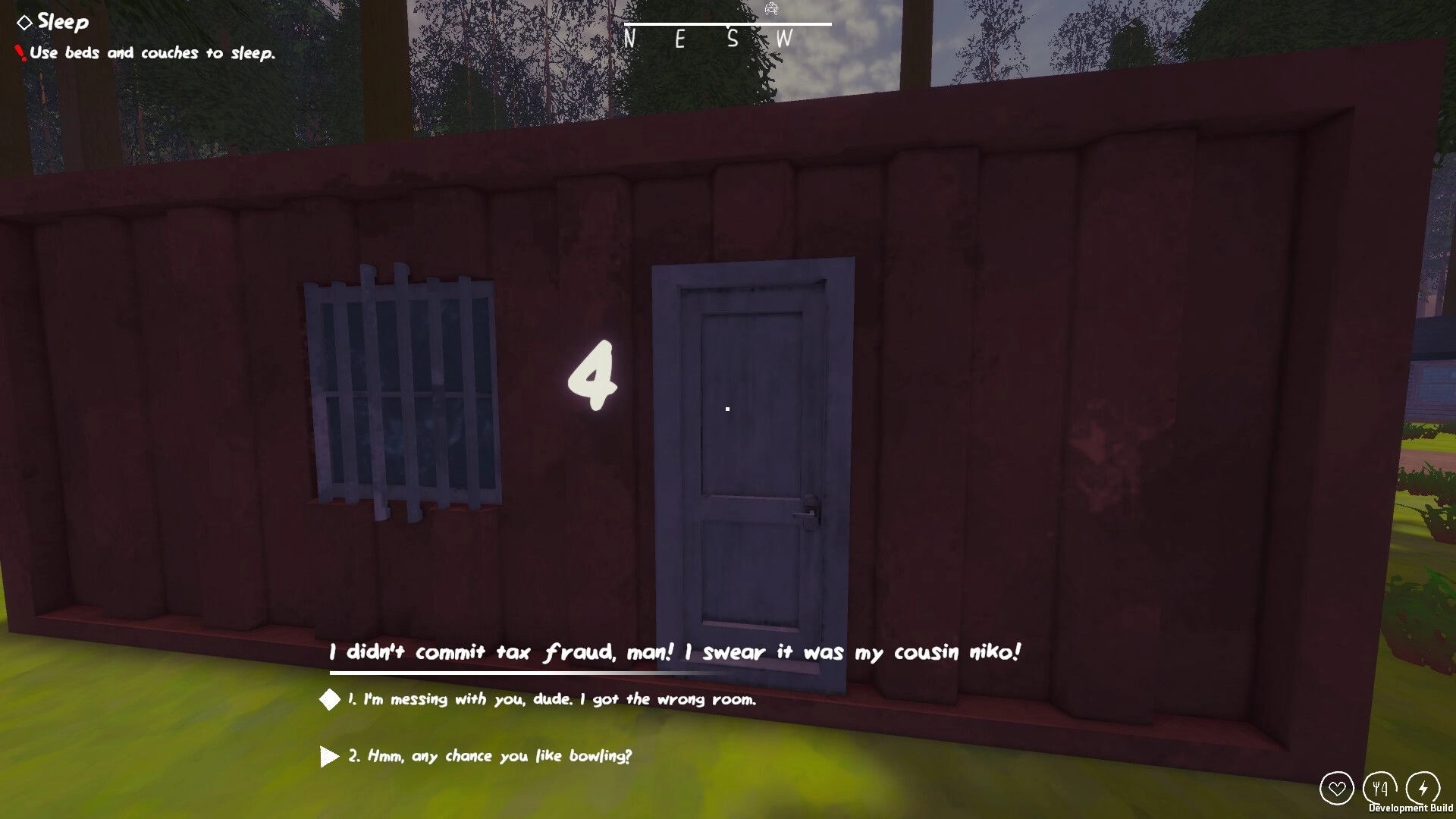 Zero To South: Dialogue choices while facing cabin door marked 4, sleep tip UI in forest camp area.