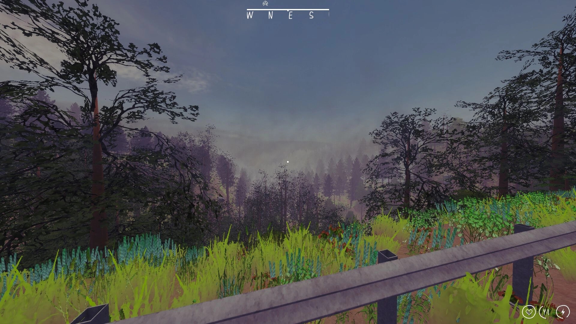 Zero To South: First-person view over a guardrail to a misty forest valley, compass HUD visible.