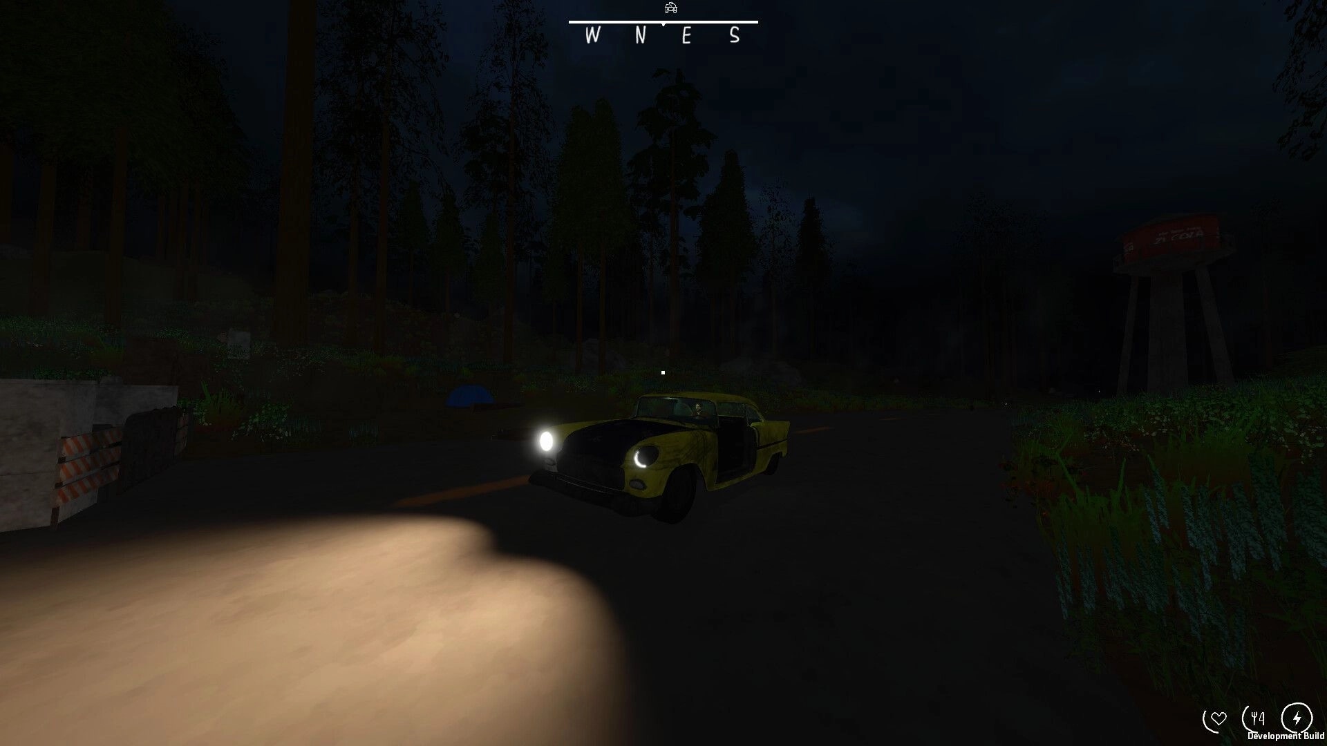 Zero To South: Yellow taxi driving at night with compass HUD on a foggy forest road near water tower.