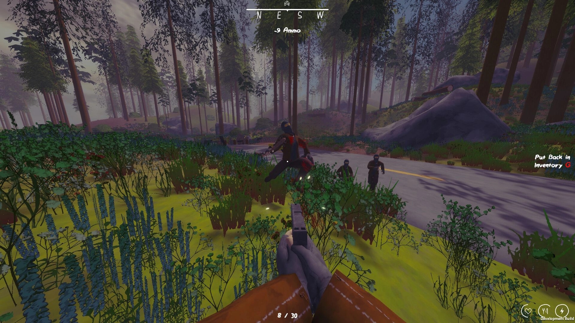 Zero To South: First-person pistol aimed at masked bandits by a forest road, ammo UI visible.