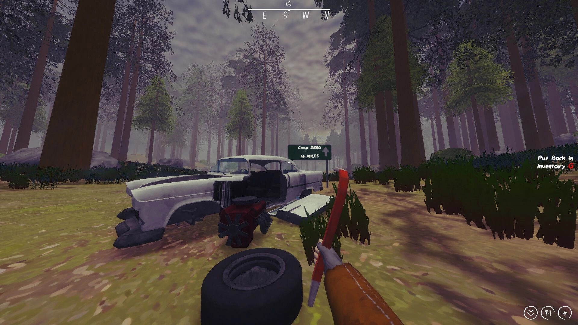 Zero To South: Holding a crowbar beside a wrecked car and Camp Zero road sign in foggy forest.