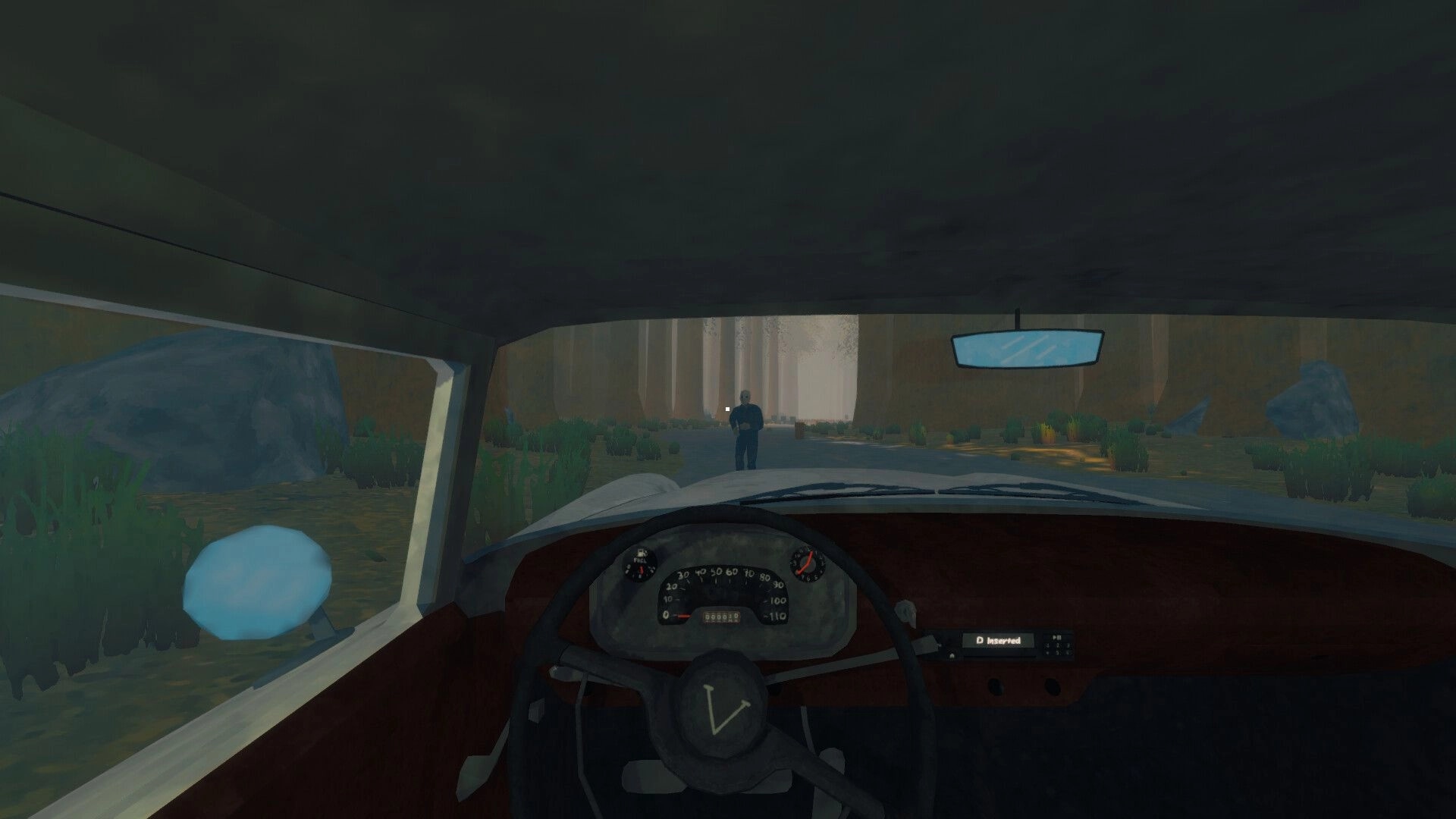 Zero To South: First-person taxi view with steering wheel and speedometer facing a lone man on forest road.