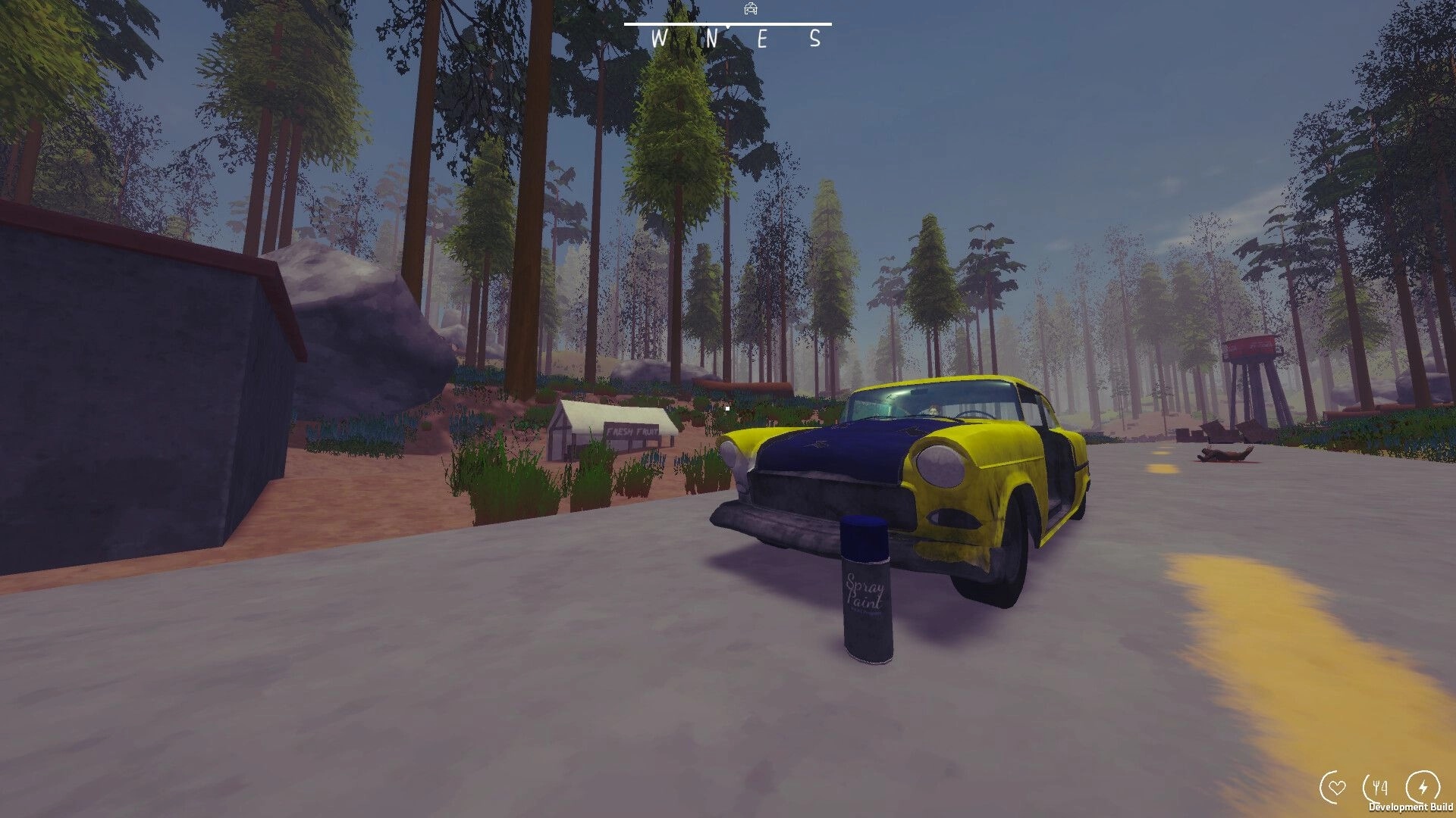 Zero To South: Yellow taxi parked by spray paint can on road, compass UI in misty pine forest.