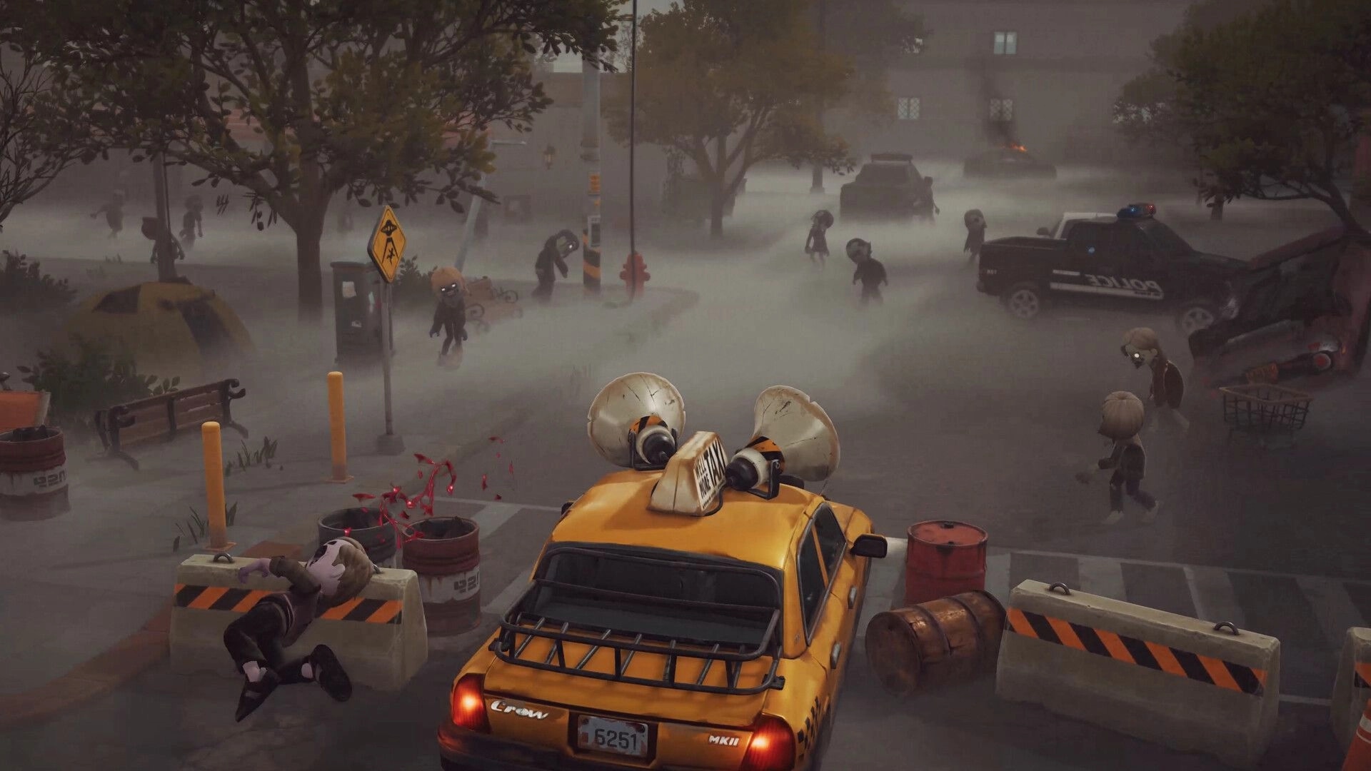 Zeverland: Zombies swarm a foggy street around a police truck and wrecked taxi near barricades.