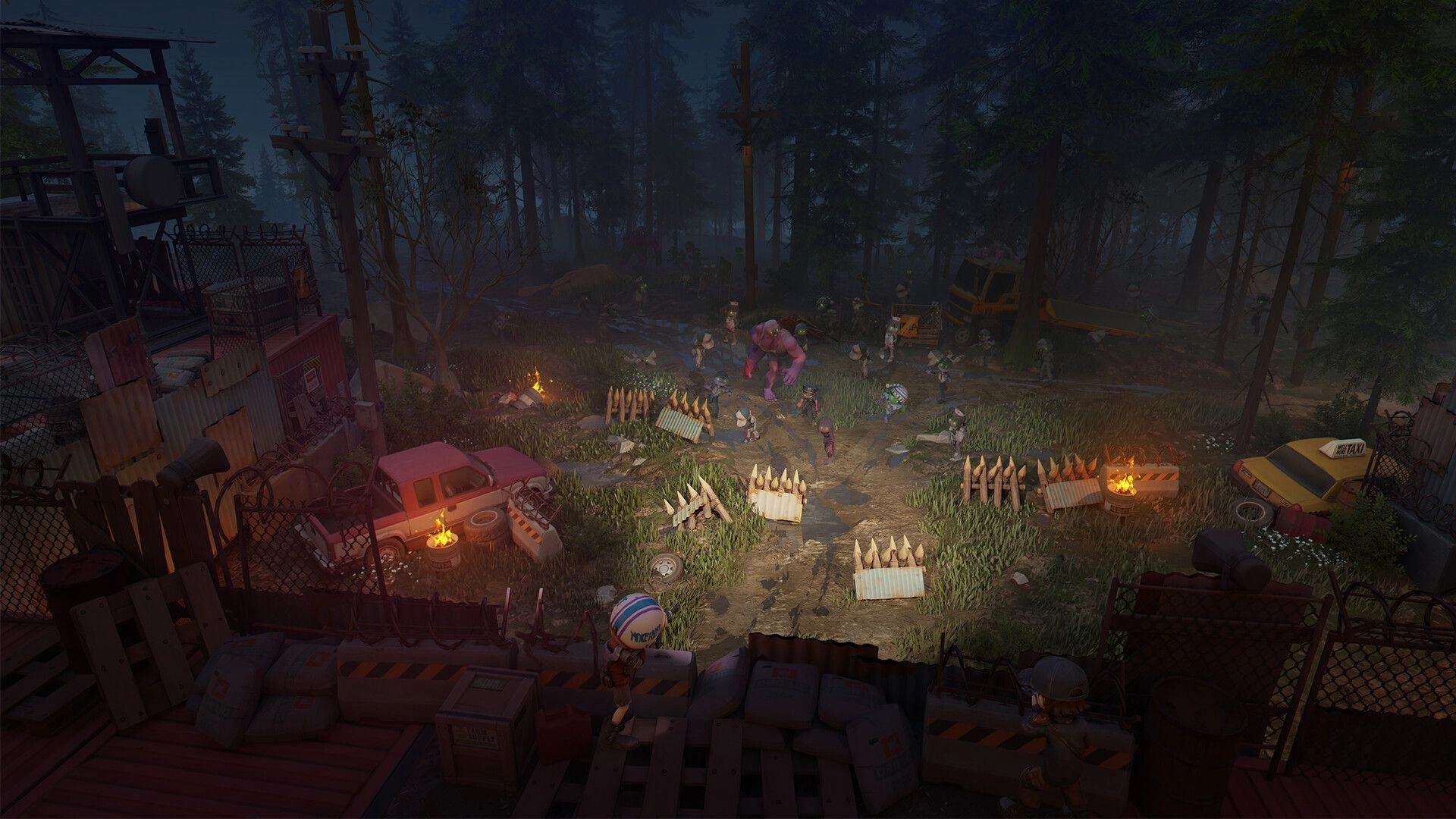 Zeverland: Survivors face a horde with a big mutant near spike barricades in a foggy forest camp.