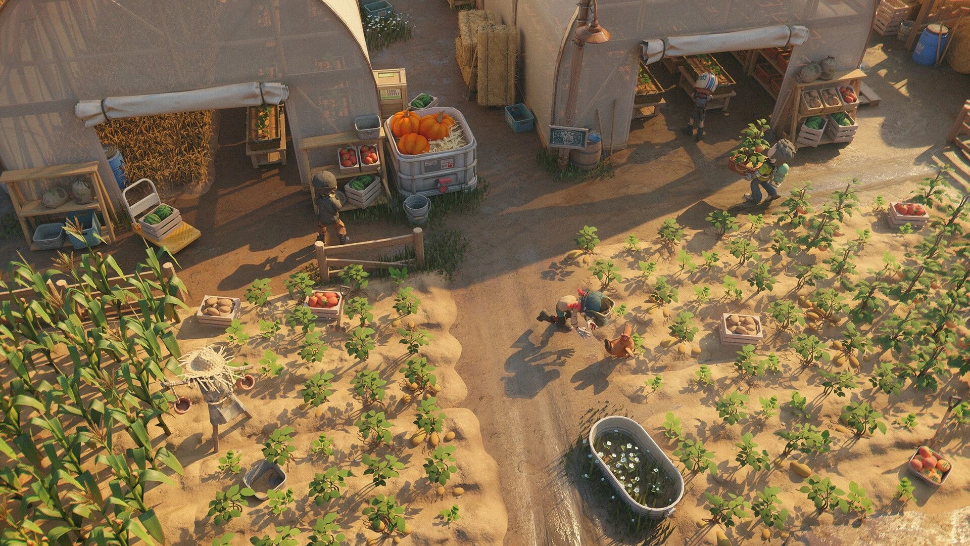 Zeverland: Survivors harvest crops and pumpkins near greenhouses in a sunlit farm plot.