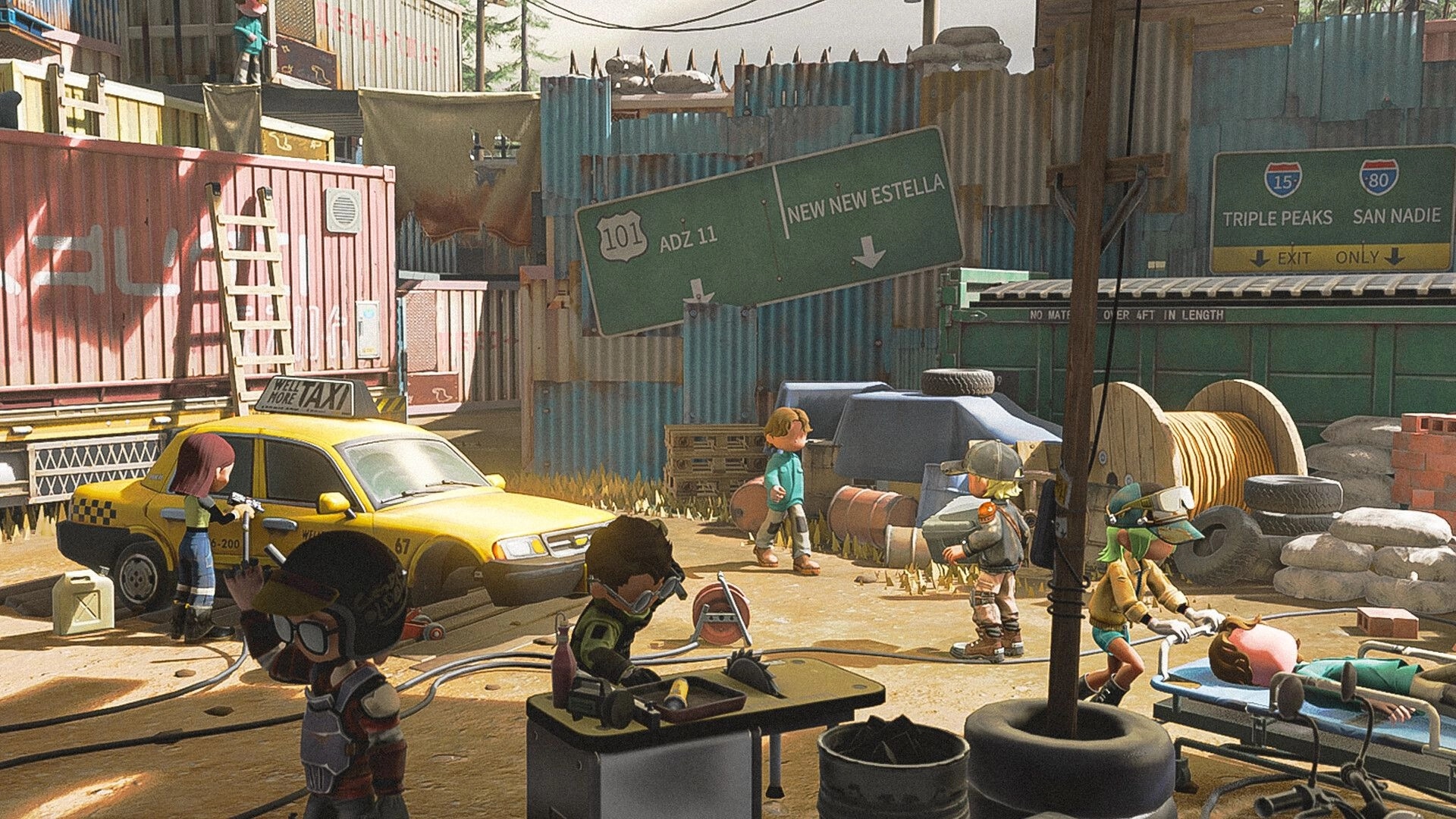 Zeverland: Survivors gather by a yellow taxi in a scrap barricade yard with highway signs and debris.
