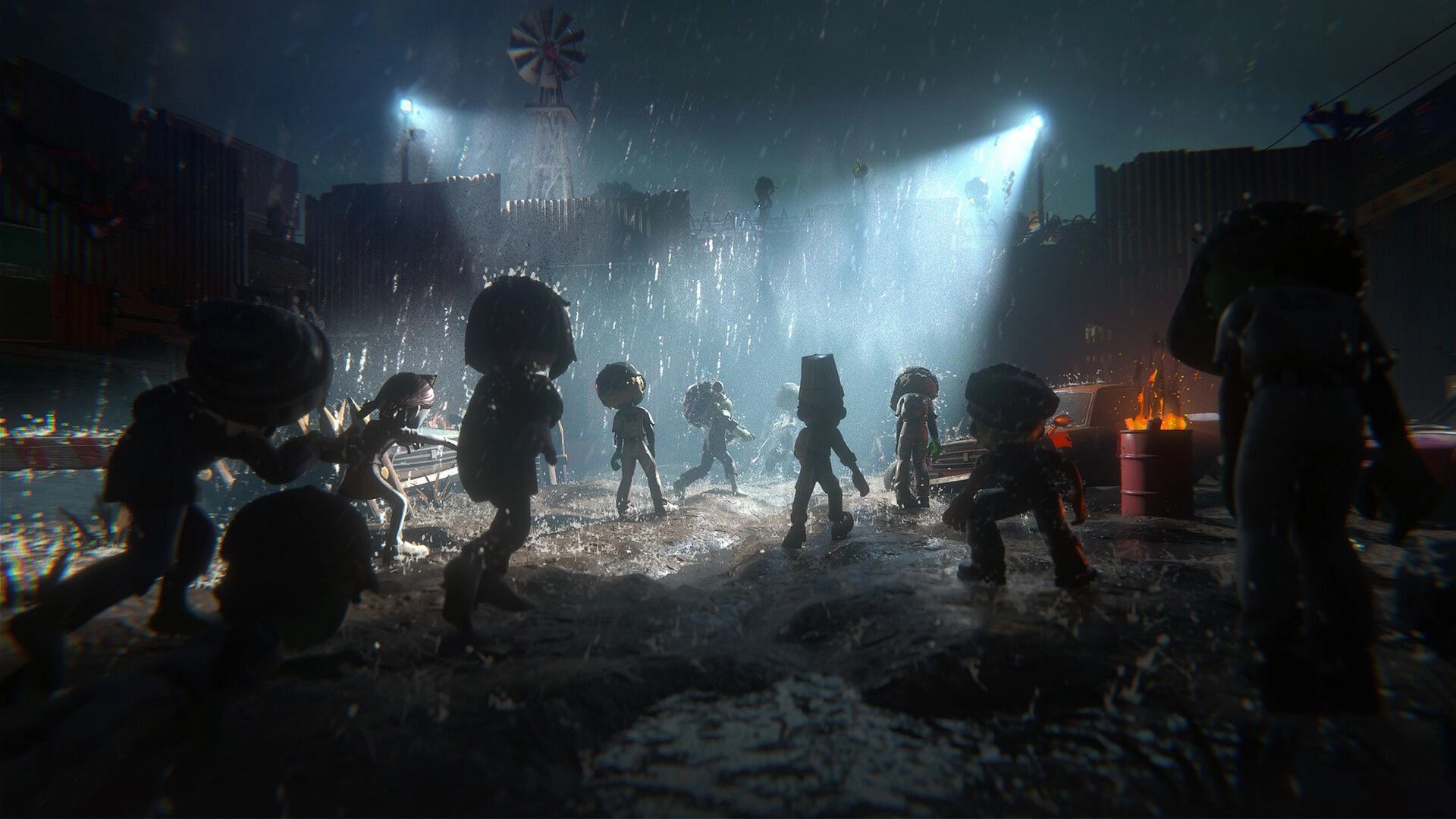 Zeverland: Survivors face shambling zombies in heavy rain inside a floodlit junkyard camp at night.