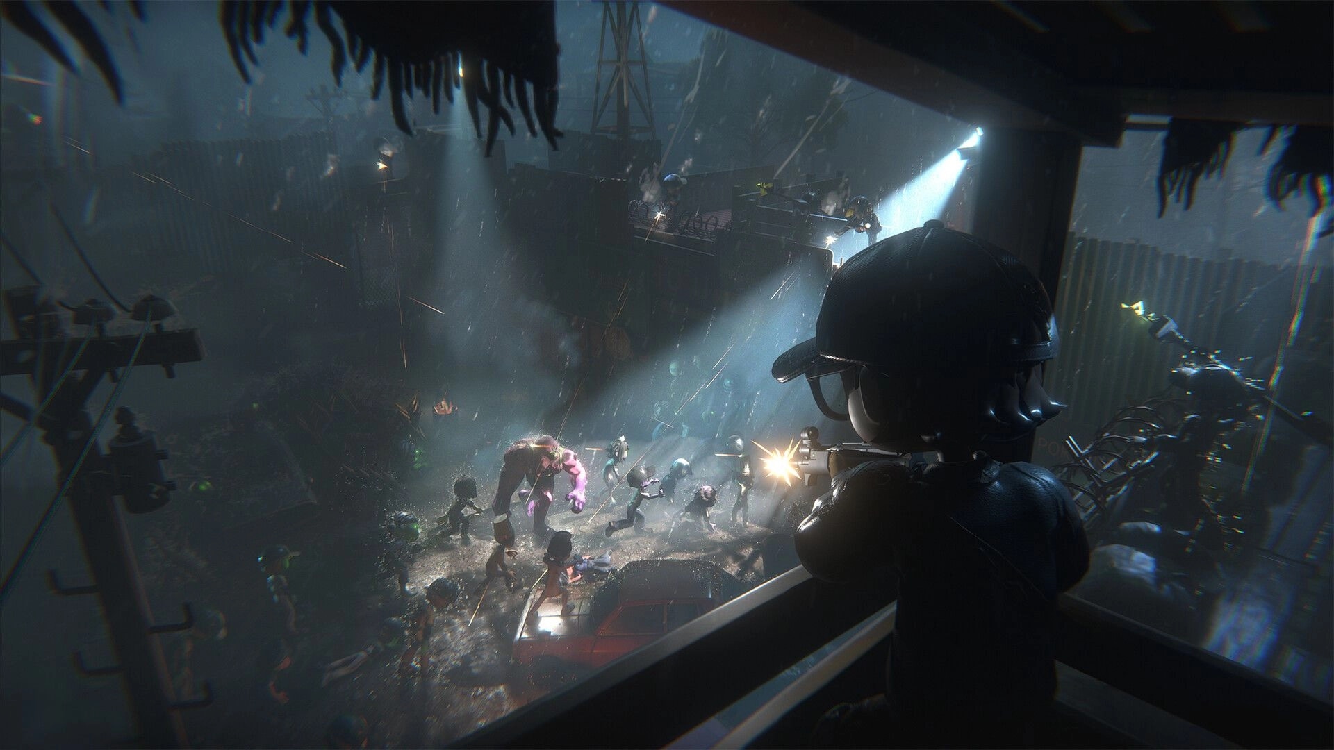 Zeverland: Player fires from balcony at zombie horde in a rain-soaked junkyard under spotlights.