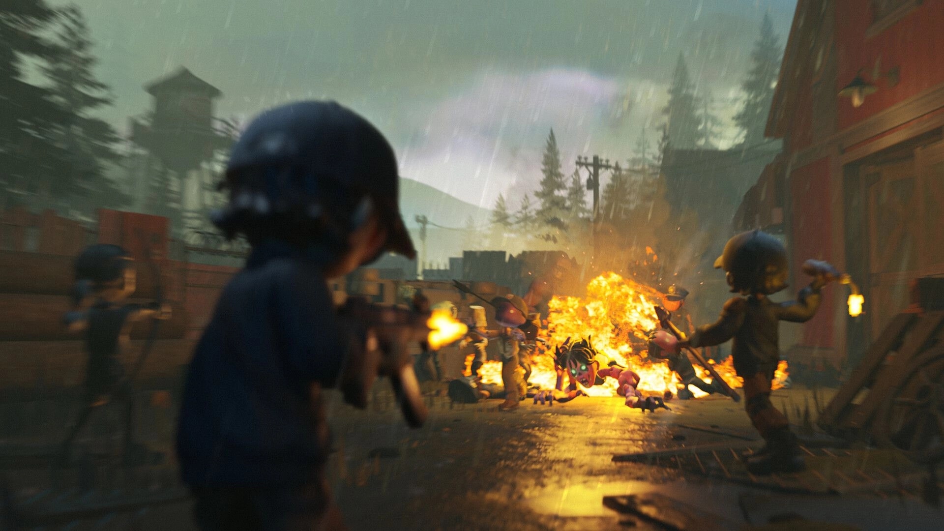 Zeverland: Survivors aim guns at a crawling mutant as an explosion erupts in a rainy yard.