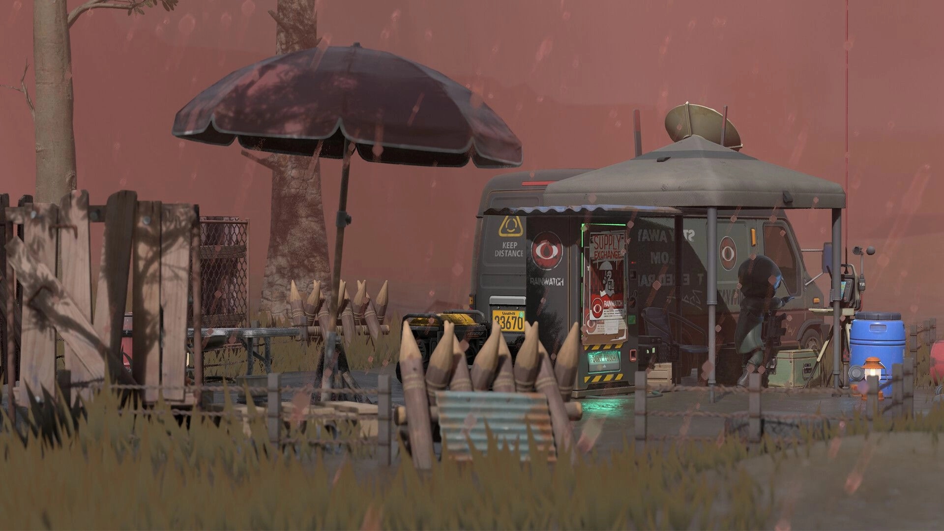 Zeverland: Survivor at a supply exchange van beside spike traps and tents in a rainy camp area.