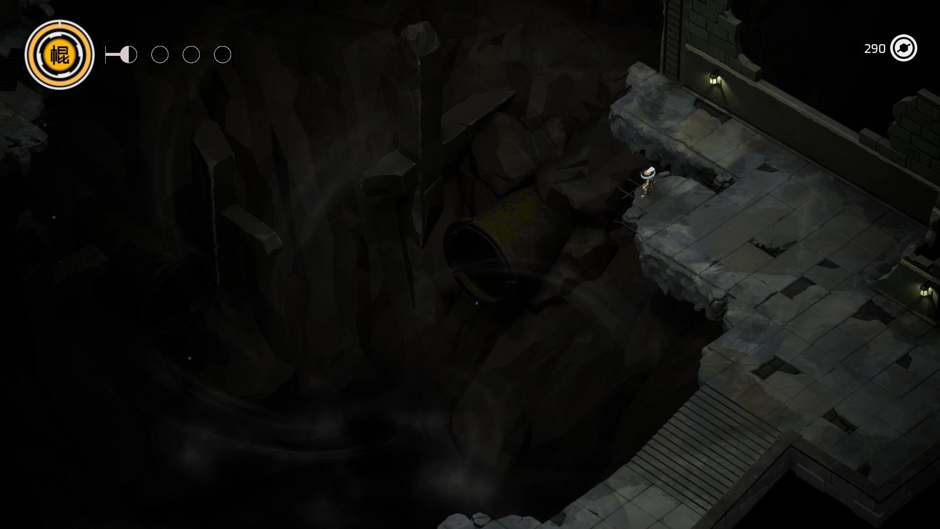 ZHEN: Robot monk stands on cracked stone platform above a dark abyss, UI shows 290 currency.