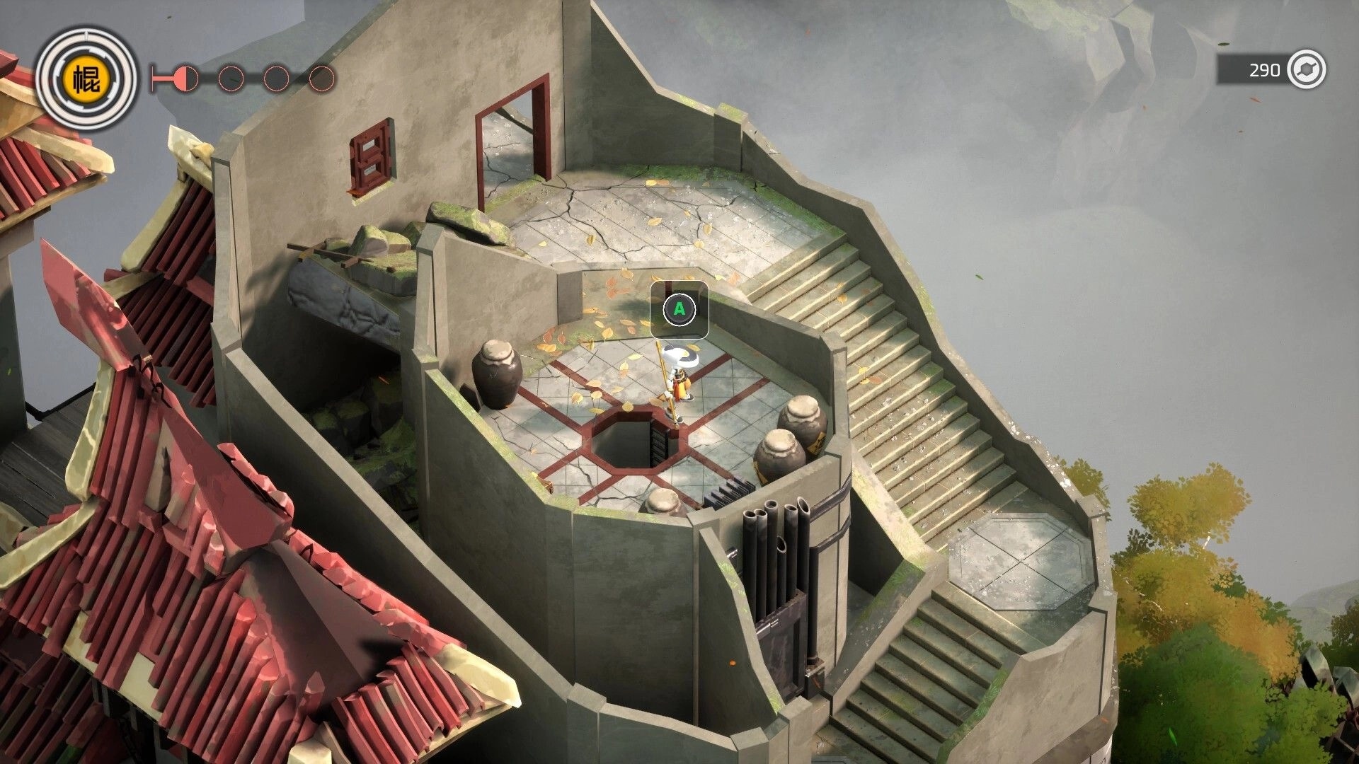 ZHEN: Monk stands by a floor hatch with A prompt in a ruined courtyard atop winding stone stairs.