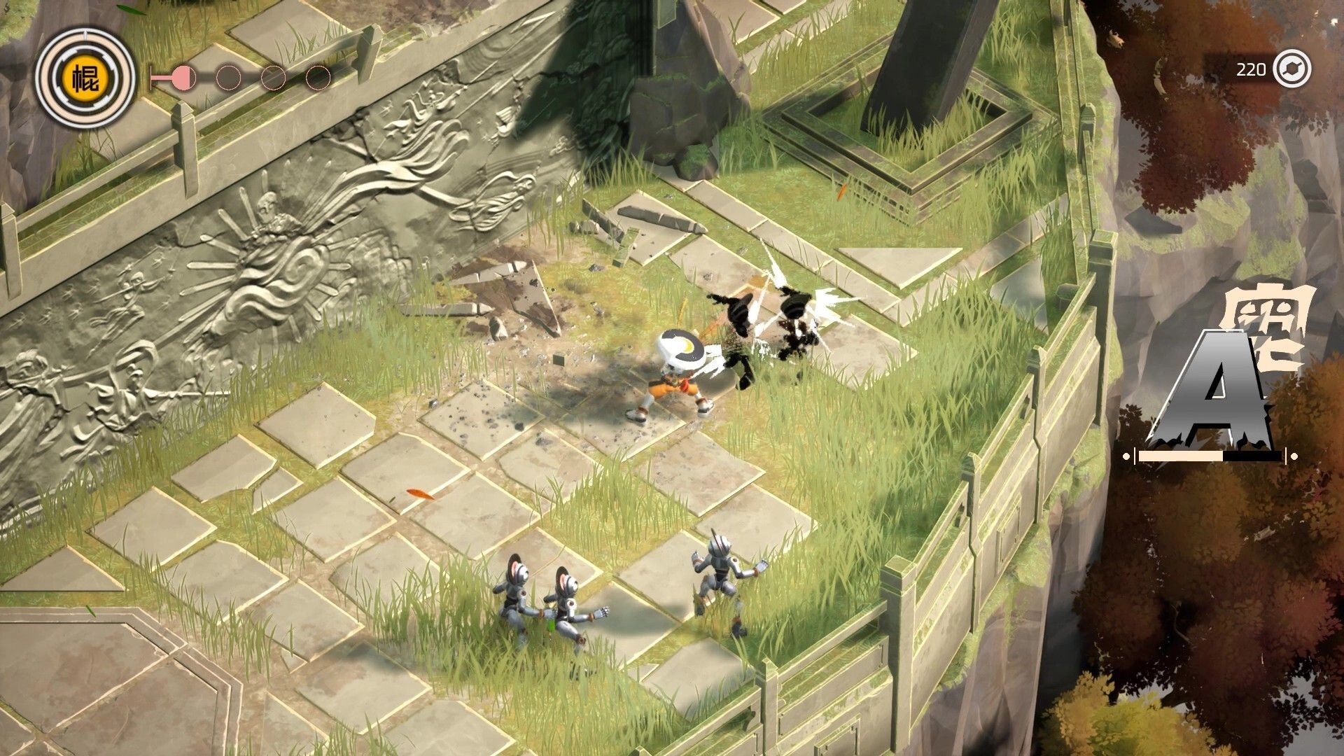 ZHEN: Robot monk strikes a shadow enemy on a ruined temple terrace with HUD icons and score 220.
