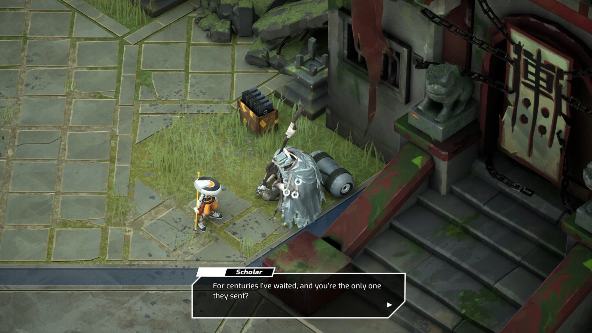 ZHEN: Dialogue with Scholar NPC beside temple steps, stone tiles and banners, text box visible.