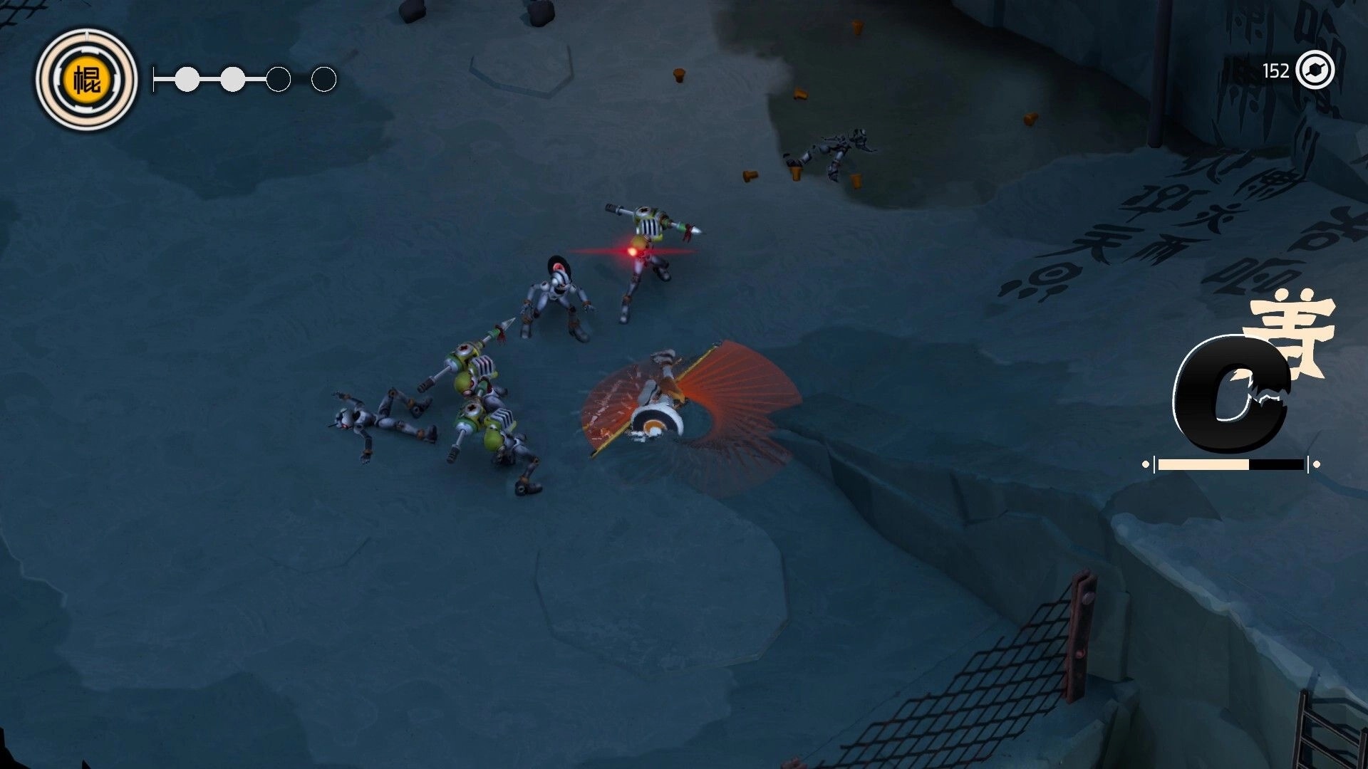 ZHEN: Robot monk battles small droids on icy ruins floor, HUD shows stamina dots and 152 score.