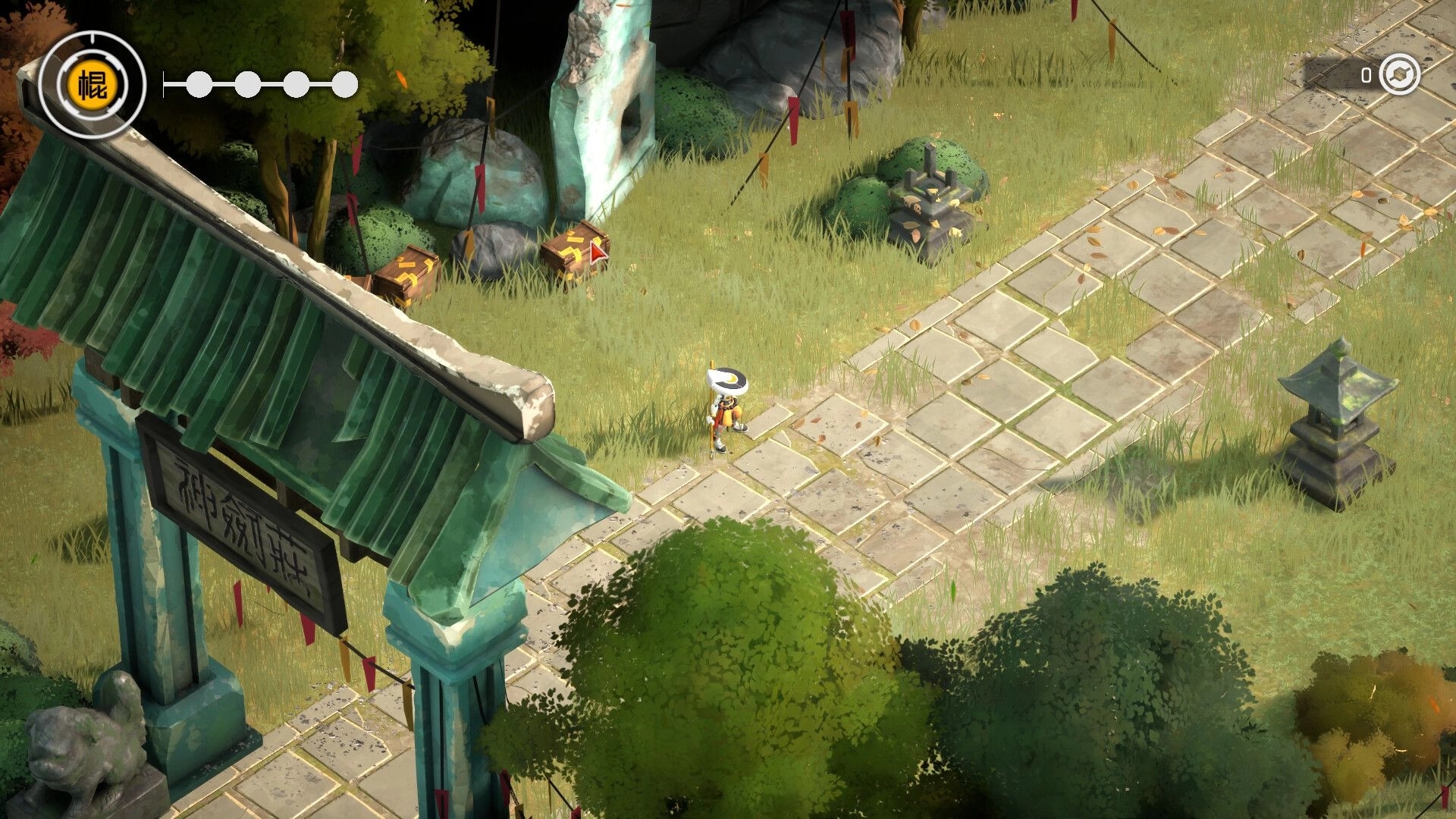 ZHEN: Robot monk stands on stone path near temple gate, grass fields and HUD icons visible.
